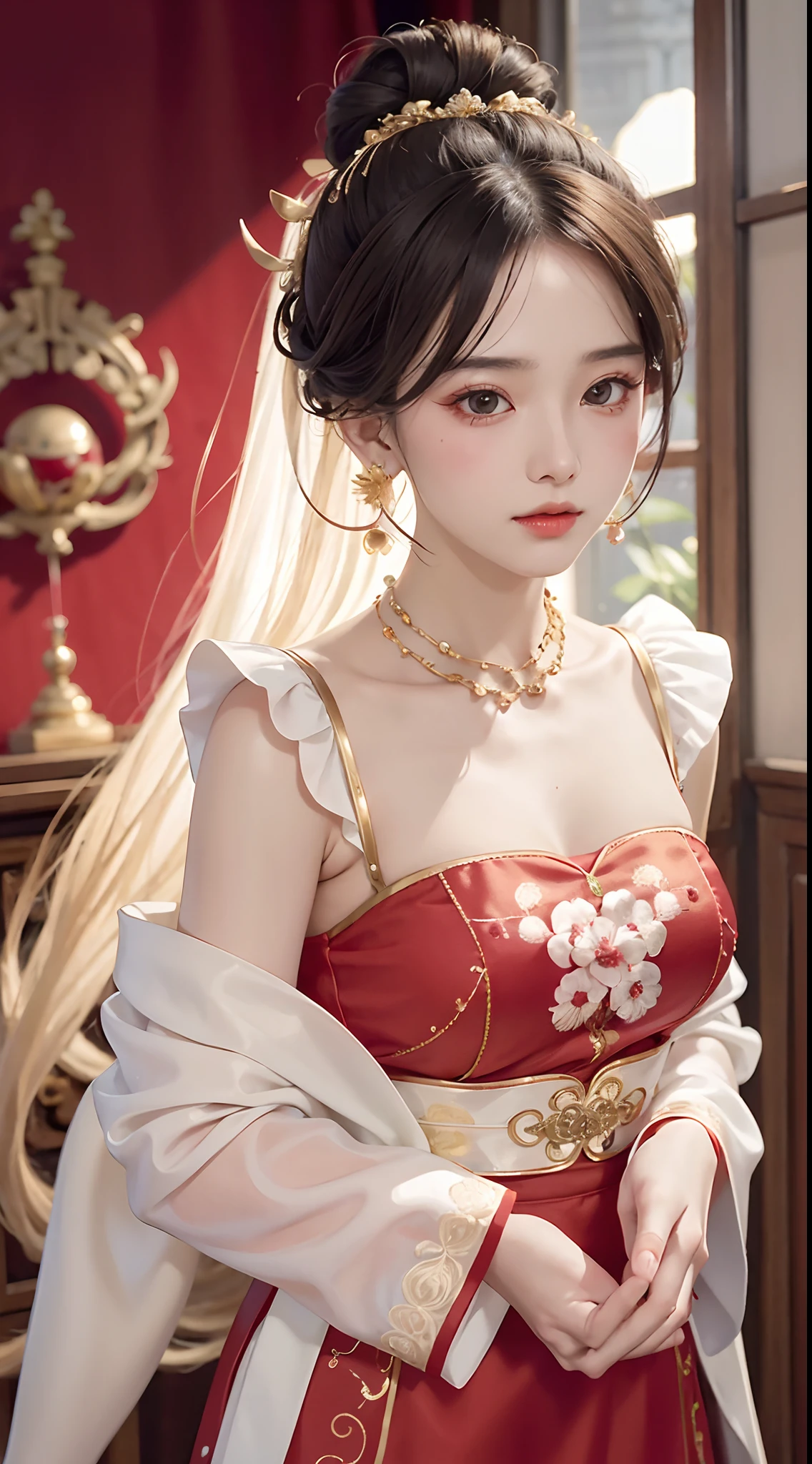 (8K, RAW photo, Photorealistic:1.25) ,( Gloss on lips, eyeslashes, gloss face, Glossy glossy skin, best qualtiy, 超高分辨率, depth of fields, color difference, Caustics, Wide light, naturalshadow, Kpop idol) Being in the room,European style,sitted,sliver long hair,red-white qipao,Red trim,Medium chest detail,8K resolution,超高分辨率,A young girl, A cute girl,short detailed hair,hair-bun,lipsticks,Tassel earrings,choker necklace,Black clear eyes,Smooth hair,鎖骨,Exquisite and perfect facial features, the most beautiful big eyes,Long eyelashes,The eyes are sweet and there are lying silkworms,dynamic angle,Extreme picture quality,Highest precision,Precise and perfect human anatomy,(((Antique tulle red and white Hanfu,gold embroidery))),((sitted)),Warm scene,超高分辨率,Ultra-clear vintage black flowing hair,Delicate bun)By bangs,(Long flowing hair,With a bun:1.3)),Delicate collarbones,beautiful make up,Exquisite and perfect facial features,,Big watery eyes,Lying silkworm,Long eyelashes,The eyes are sweet and have eye shadow,Slim waist,Do not show your hands,,lipsticks,Blushlush,Delicate earring earrings,pearls necklace