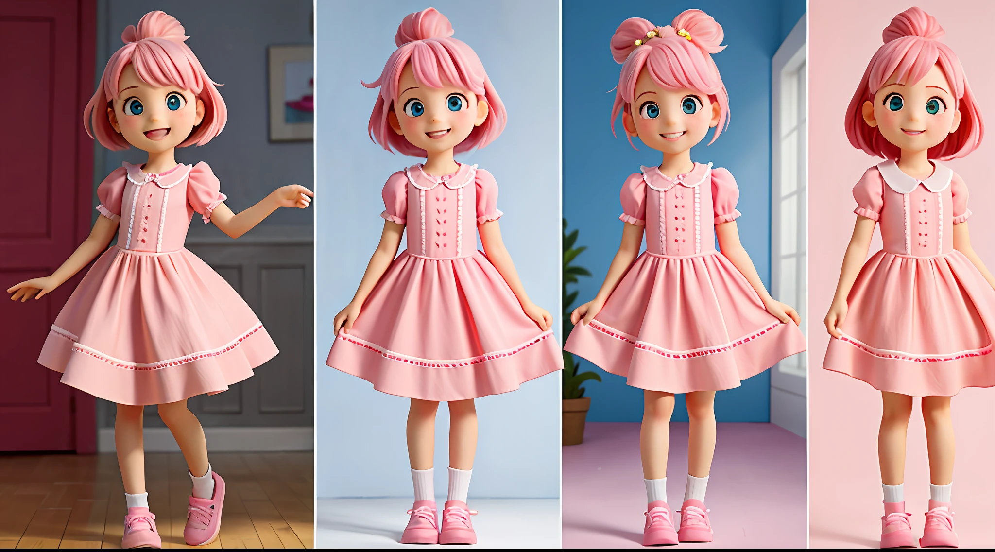 enerate three views, firstly the front view, secondly the left view, thirdly the back view, full body, 6year old girl, A pink-haired,Pink dress, Pink clothes