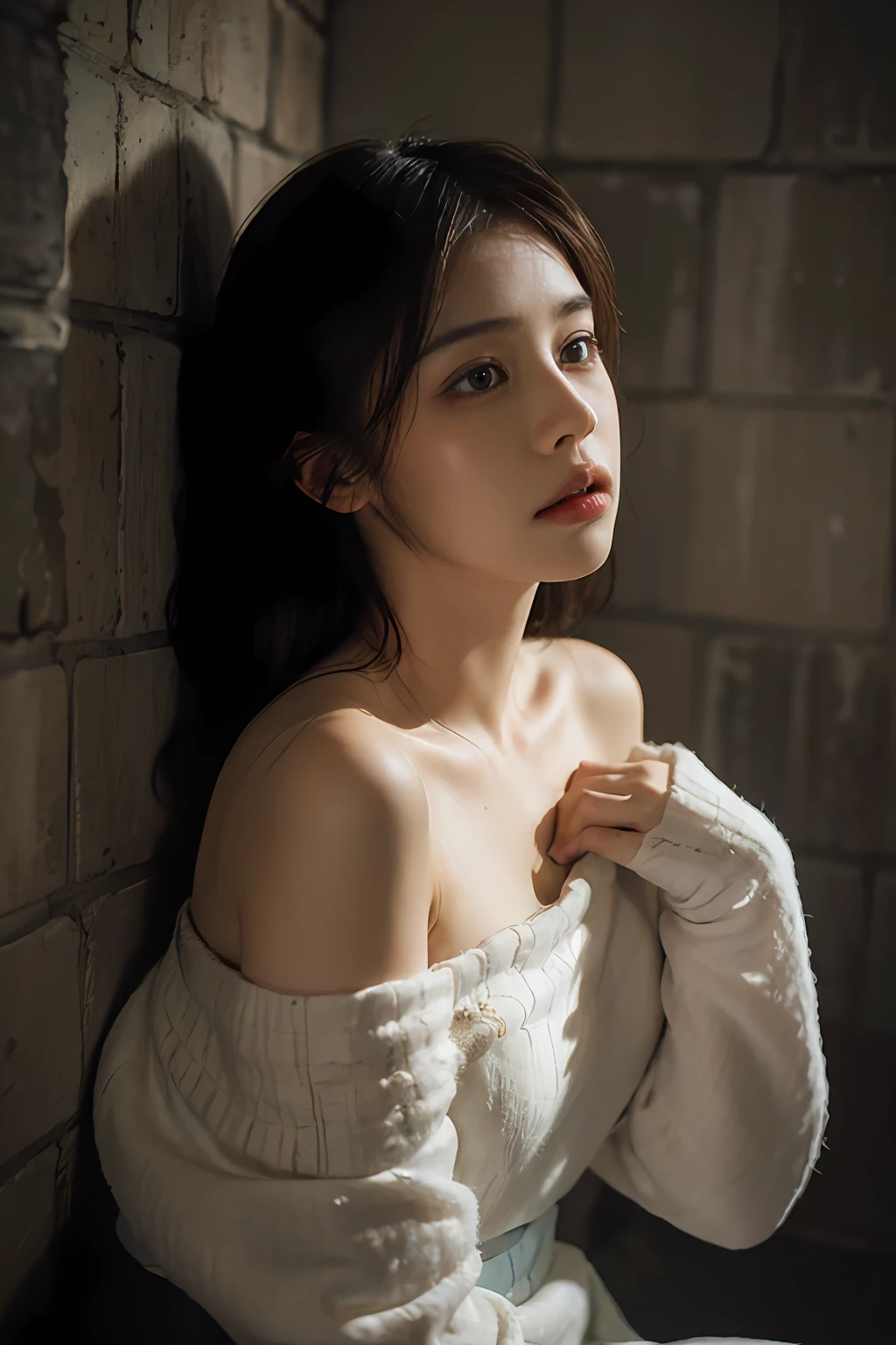 Best quality, masterpiece, ultra high res, (photorealistic:1.4), raw photo, (Authentic skin texture:1.3), (film grain:1.3), panorama, character portrait, very wide shot, narrow waist, cowboy shot, (in the dark, deep shadow, low key, cold light,) night, close-up, streaming tears,
indoor, dust, Tyndall effect, sad, disappointed, gloom (expression), sitting, (against wall), crying, frown, (head bowed), nervous, tearing up, lonely,
1girl, beautiful detailed eyes and face, white jabot, off shoulder, brown eyes,