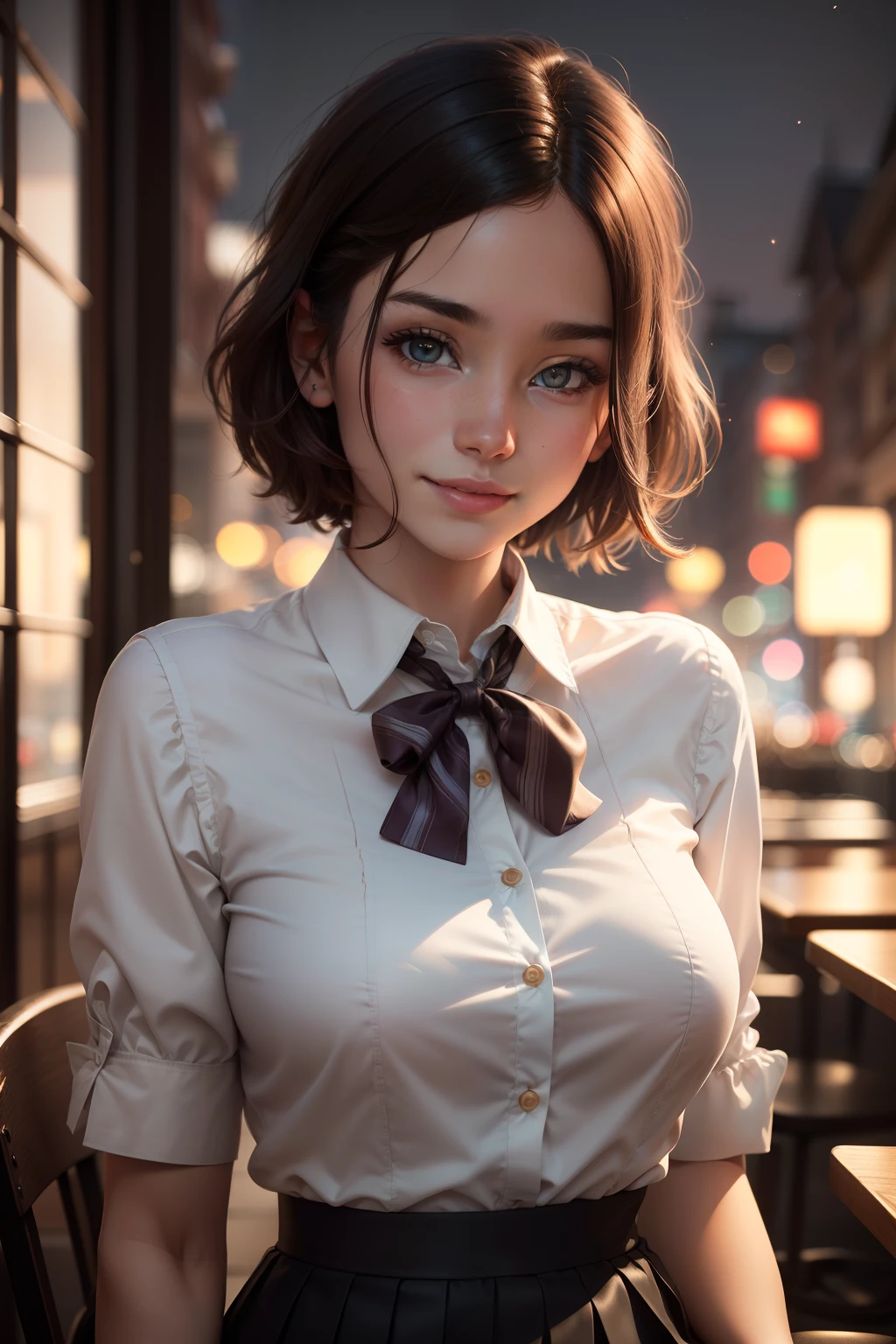 (8k, RAW photo, best quality, masterpiece:1.2), (realistic, photo-realistic:1.37), ultra-detailed,
1 girl,cute, solo,beautiful detailed sky,detailed cafe,night,sitting,dating,(nose blush),(smile:1.1),(closed mouth),large breasts, seductive smile, large aparture, professional lighting, Sony A7R4, Zessie 50mm F1.8,
medium breasts,beautiful detailed eyes,(collared shirt:1.1), bowtie,pleated skirt,(short hair:1.2),floating hair