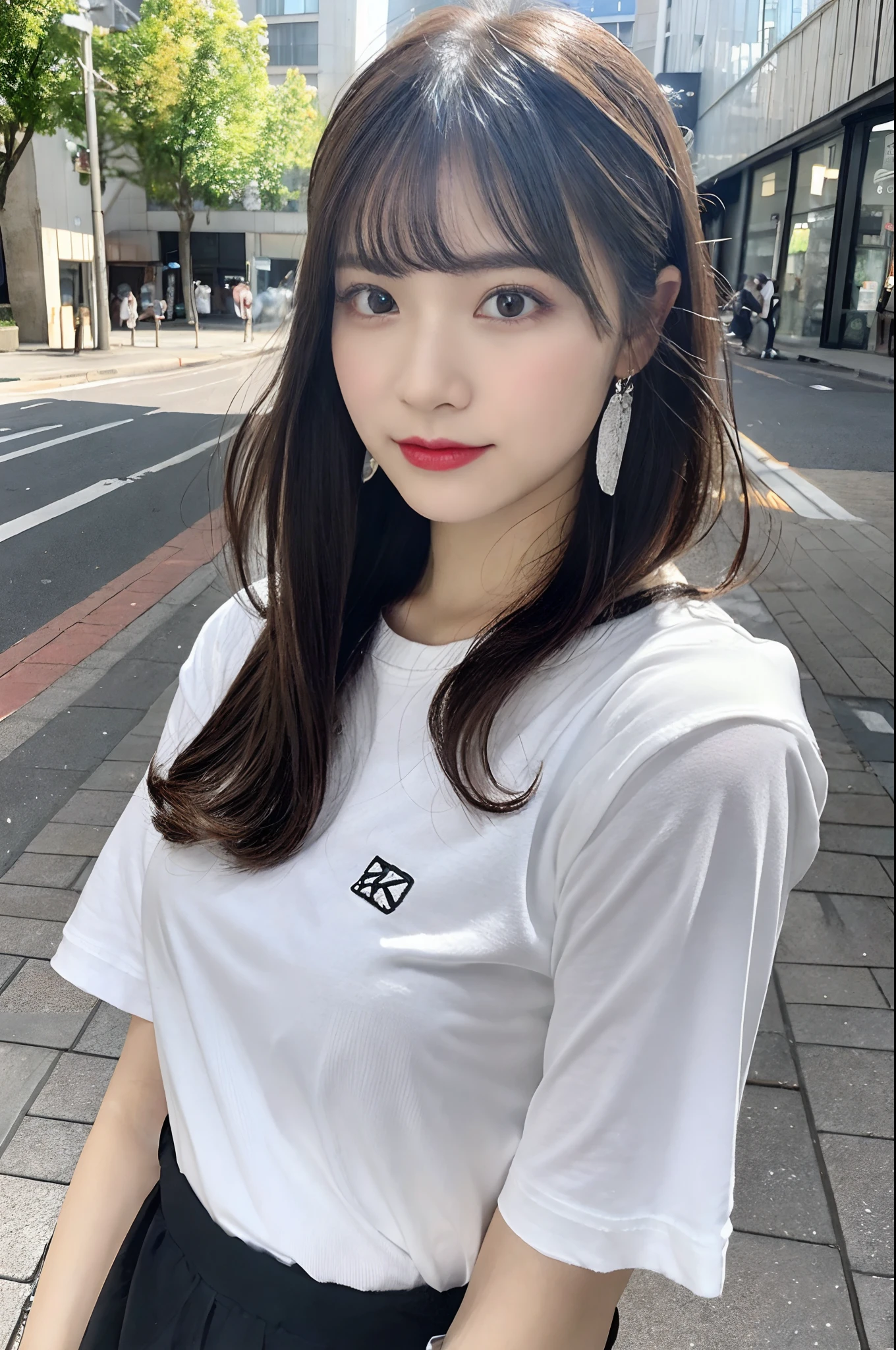 (8k, RAW photo, best quality, masterpiece:1.2), ultra detailed, ultra high res, (realistic, photo realistic:1.37), portrait, high detail RAW color photo, professional photograph, an extremely delicate and beautiful, extremely detailed, 8k wallpaper, Amazing, finely detail, huge file size, official art, extremely detailed CG unity 8k wallpaper, extremely detailed beautiful girl, extremely detailed face, extremely detailed eyes, extremely detailed skin, extremely detailed fingers, extremely detailed nose, extremely detailed mouth, perfect anatomy, highly detailed background, extremely detailed clothing, 1girl, (20 years old:1.2), cute girl, famous,  japanese idol, kawaii, realistic body, shiny skin, good figure, white hair, Medium hair, (blunt bangs:1.2), smile, cute, young, cute face, realistic face, beautifully detailed eyes, drooping eyes, (white shirts, street :1.4),(from bloomers) (hair ornaments:1.2), face the front, kneel on ground, resting your hands on your things, with a captivating stare, large breasts, large breasts, a close-up shot, full body, beautiful legs,