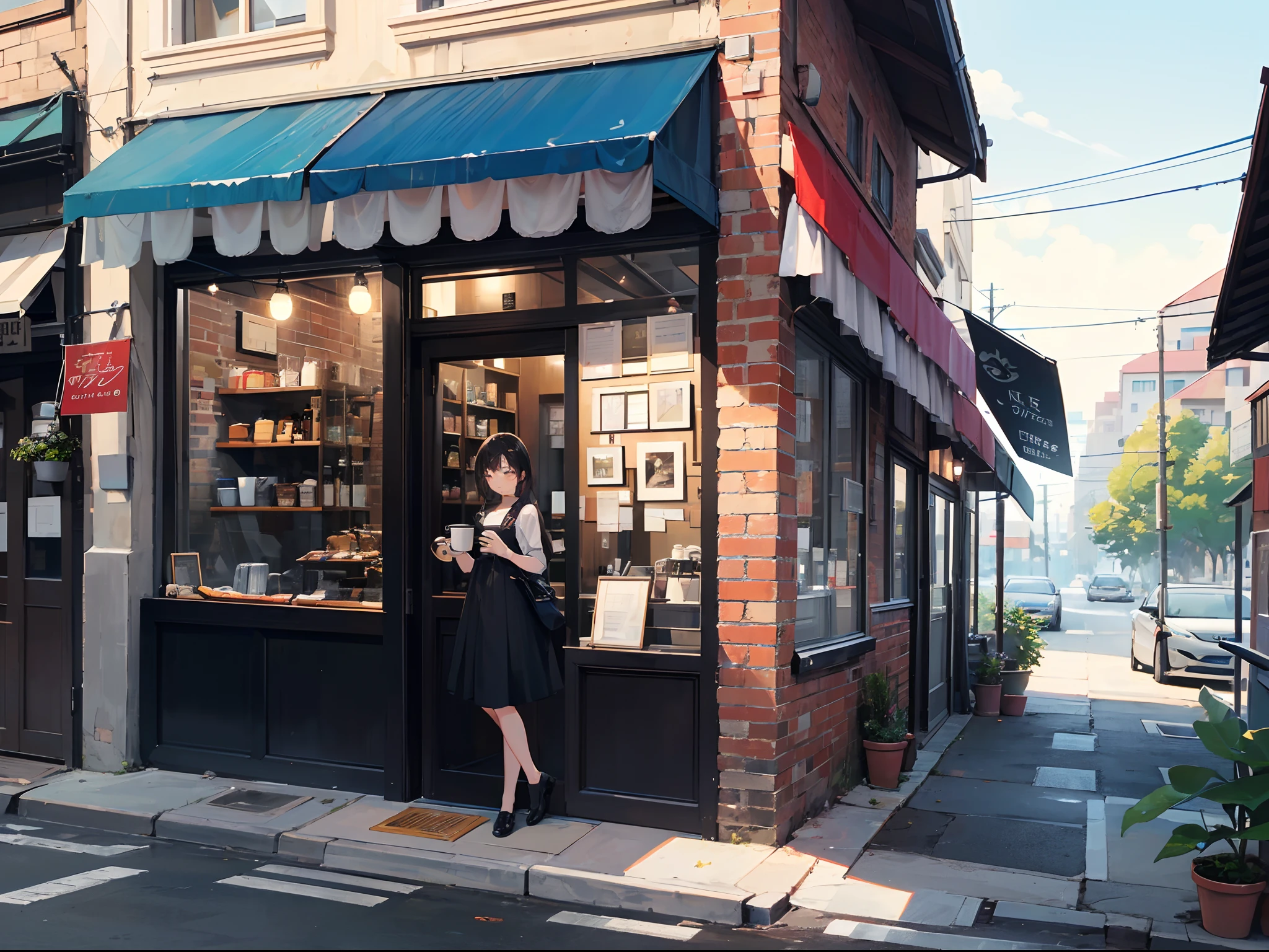 (high-level image quality;1.5)、(Coffee shop exterior;1.5)、