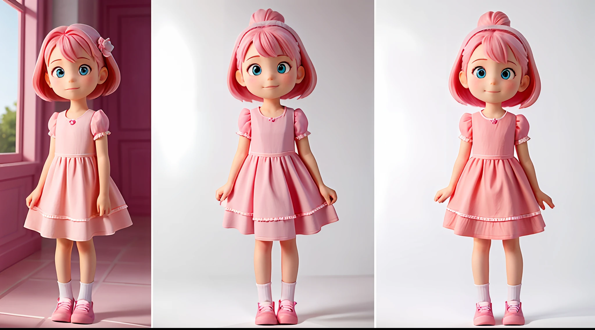enerate three views, firstly the front view, secondly the left view, thirdly the back view, full body, 6year old girl, A pink-haired,Pink dress, Pink clothes