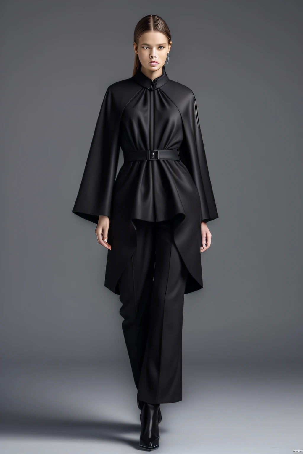 ((top-quality、8K、masterpiece:1.3)),full-body composition: Swedish fashion models、Black clothe, Origami design, oversized sleeves, Pantsuit, Complexity, Sculpture style, Mode Casual