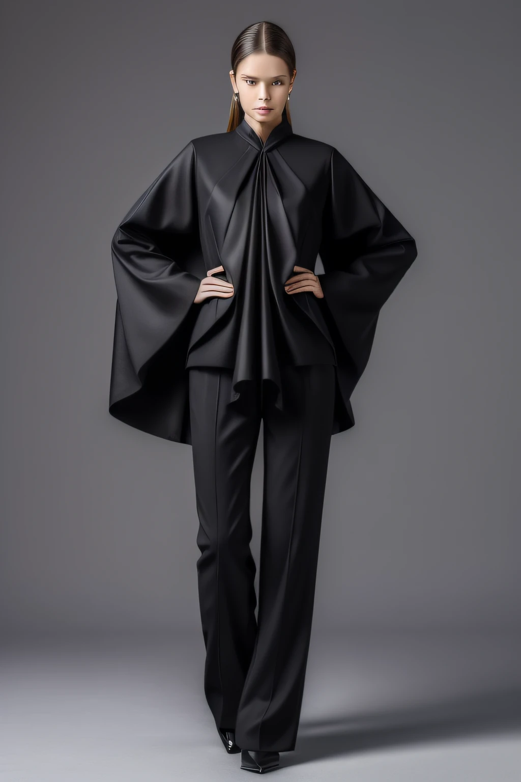 ((top-quality、8K、masterpiece:1.3)),full-body composition: Swedish fashion models、Black clothe, Origami design, oversized sleeves, Pantsuit, Complexity, Sculpture style, Mode Casual