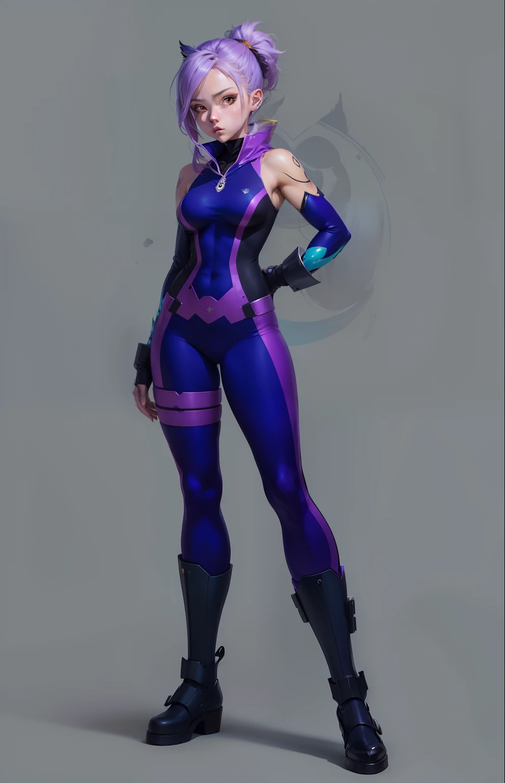 My Hero Academia style, anime Girl, female, Amity Blight, The Owl House, trending on artstation pixiv, (full body shot:0.5), Masterpiece, Perfect Anatomy, Super Detailed, Pale skin, golden yellow eyes, pointy ears, Hair tied into a high ponytail pulled up in front, undercut on the sides, two-tone hair, Aquamarine hair with brown roots, Wide thighs, wide hips, Large breast, full body suit, hero suit, Spotted purple suit, multi-toned suit, purple suit, multi shade purple suit, light purple spot suit, dark purple spot suit, one piece suit,