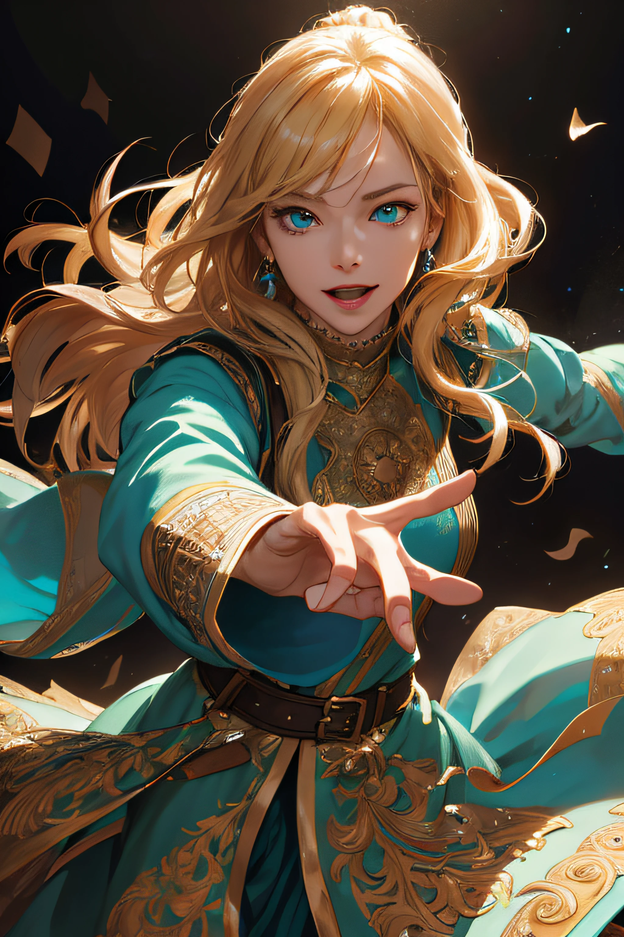 (absurdres, highres, ultra detailed), 1woman, mature female, aged up, wavy long hair, blond hair, turquoise eyes, bangs, long sleeves, finely detailed eyes and detailed face, extremely detailed CG unity 32k wallpaper, intricate details, looking at viewer, solo, (full body:0.6), detailed background, detailed face, (medieval high fantasy theme:1.1), medieval fantasy (bard:0.8), happy expression, dancing, dynamic pose, colorful ruffled clothes, music, joyful atmosphere, tavern, music, celebration, music emanating, floating musical notes, musical notes, party, performance,, portrait