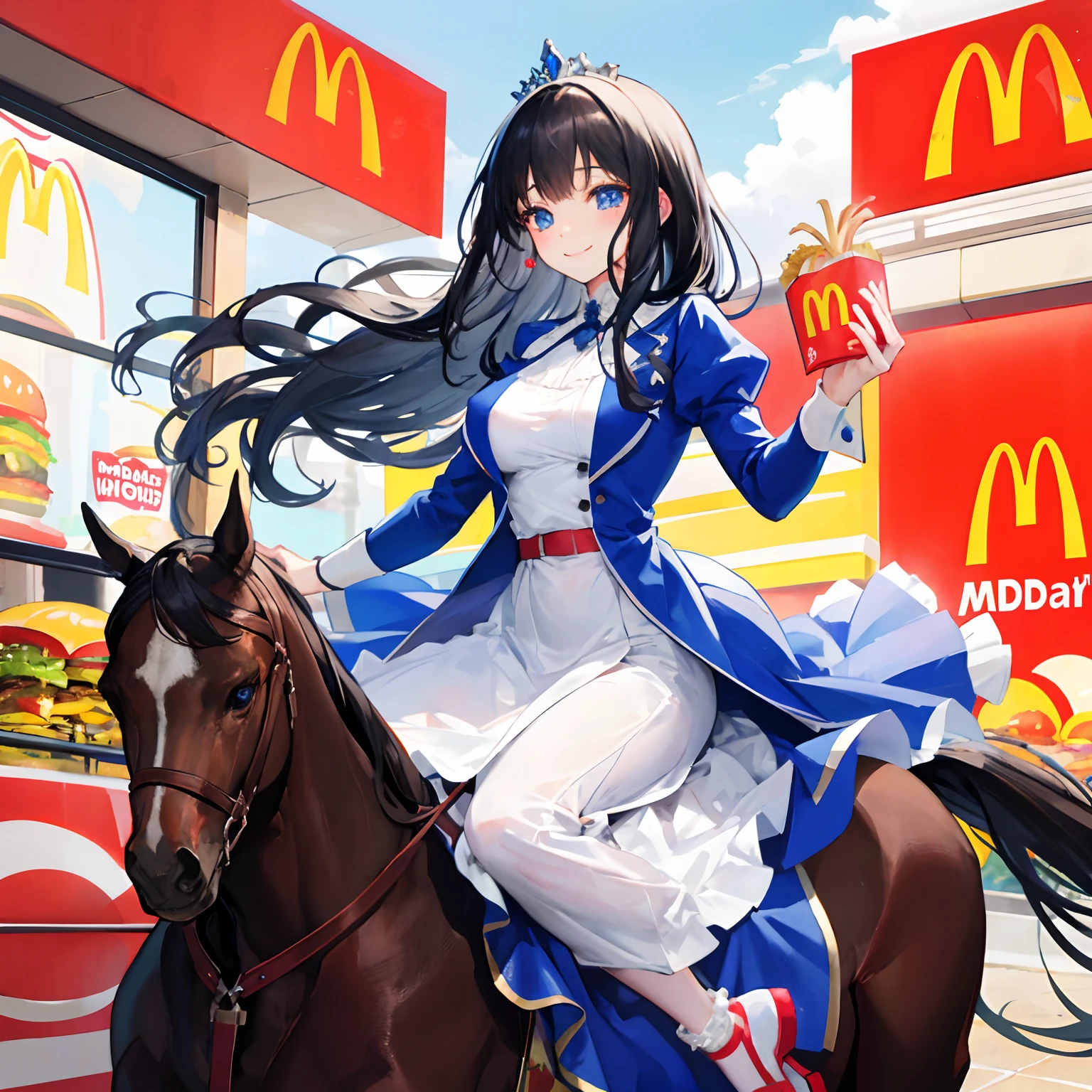princess,ride a horse,McDonald's,hamburger,french fries,smile,tiara,blue eyes,black hair,long hair,blue and white dress