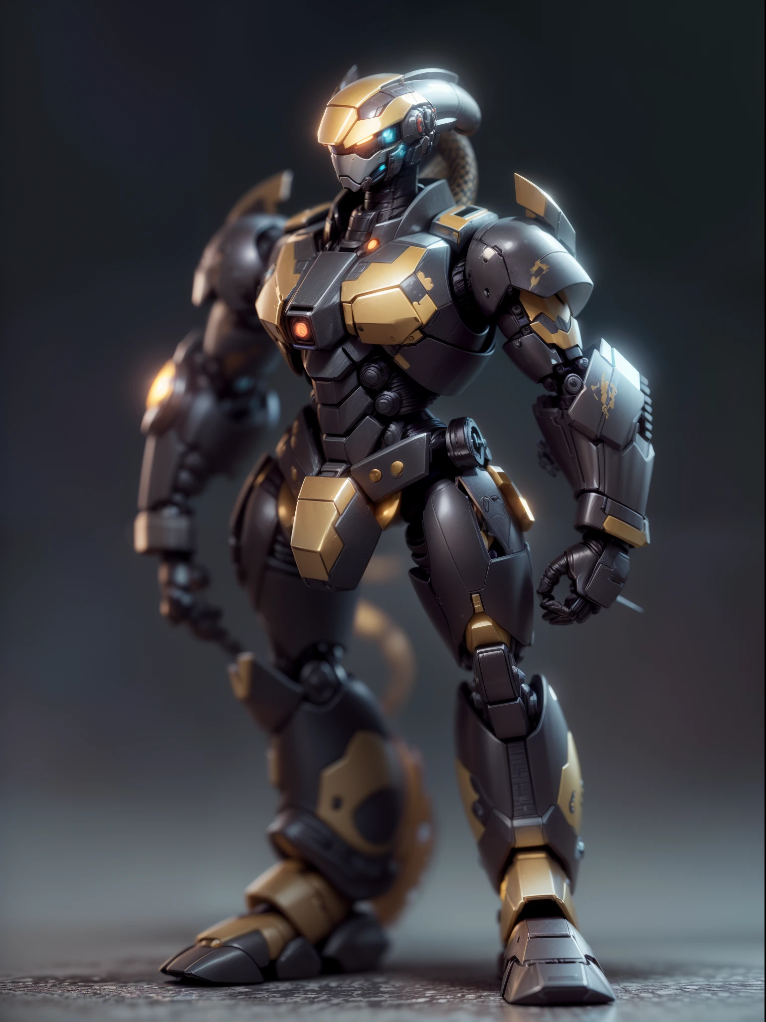 (Blind box toy style:1.3),((Full body shot))(anthropomorphism) , (1 strong snake mecha warrior)(((solo))) metal mecha,dreamy glow, Clean dark background,Brown black style，(circular base）( Global illumination, Ray tracing, hdr, unreal render,reasonable design, high detail, Masterpiece, Best quality, hyper HD, Cinematic lighting)