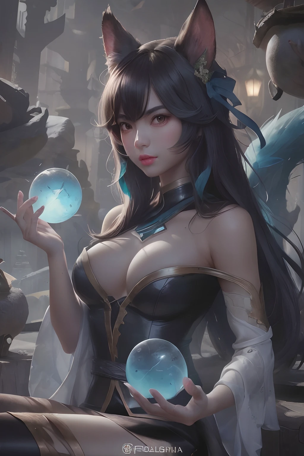 uma mulher com orelhas de gato segurando uma bola de cristal, Artgerm extremamente detalhado, Modelo IG | Artgerm, Artgerm detalhado, wlop e Artgerm, Artgerm. anime illustration, Artgerm e Ruan Jia, trending artgerm, Ruan Jia e Artgerm, Artgerm e Wlop, Artgerm Plano