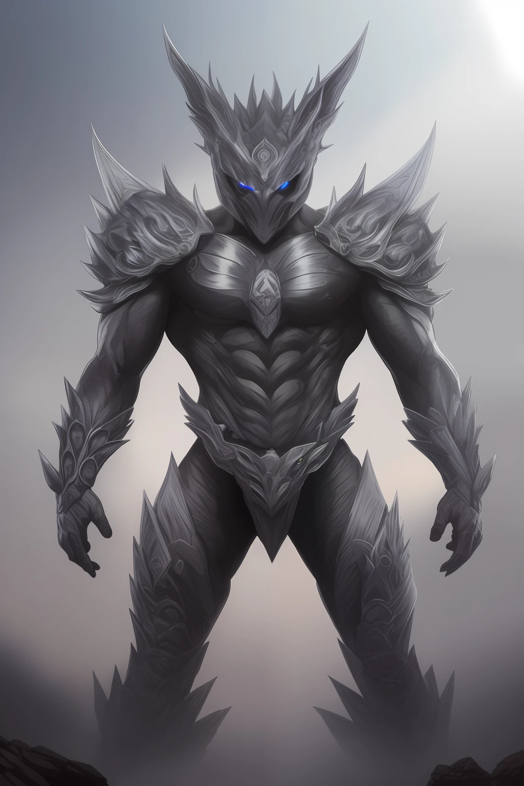 (extremamente detalhado e realista), humanoid dragon, escamas prateadas, poderoso, olhos azuis brilhantes, porte musculoso