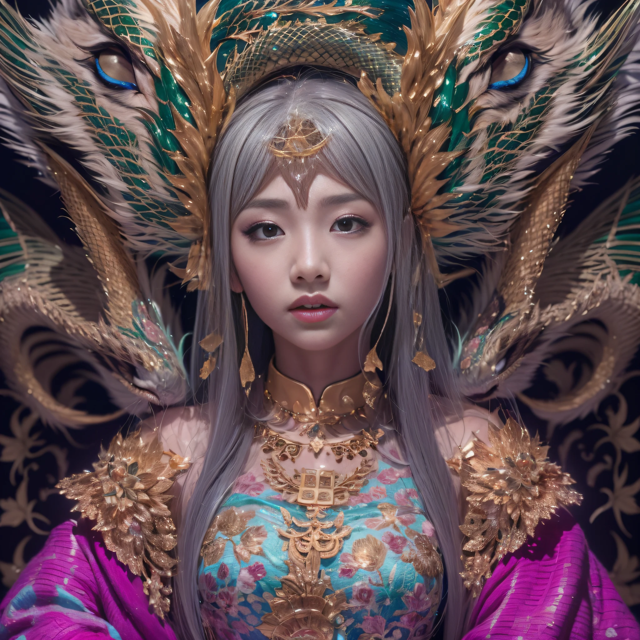 16k（tmasterpiece，k hd，hyper HD，16k）short detailed hair，Gold jewelry area in the back room，Smoke ring girl ，Protector of cloisonné dragons （realisticlying：1.4），Python pattern robe，Purple-pink tiara，Snowflakes fluttering，The background is pure，Hold your head high，Be proud，The nostrils look at people， A high resolution， the detail， RAW photogr， Sharp Re， Nikon D850 Film Stock Photo by Jefferies Lee 4 Kodak Portra 400 Camera F1.6 shots, Rich colors, ultra-realistic vivid textures, Dramatic lighting, Unreal Engine Art Station Trend, cinestir 800，Hold your head high，Be proud，The nostrils look at people