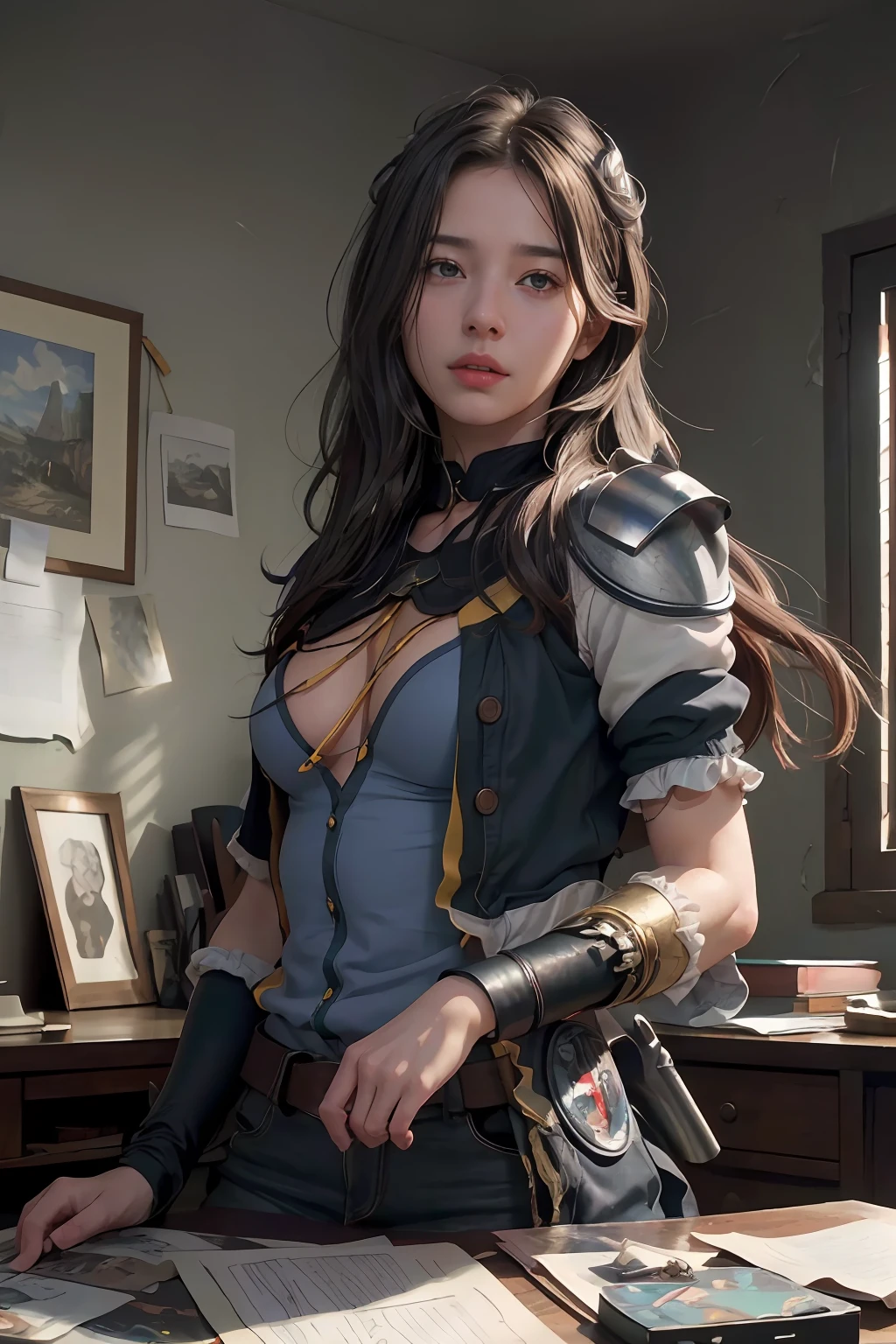 (RAW photo, best quality), (realistic, photo-realistic:1.3),best quality,highly detailed,masterpiece,ultra-detailed,illustration,1girl,upper_body,dynamic angle,world masterpiece theater,messy_long_hair,best quality,extremely detailed CG unity 8k wallpaper,ink,Amazing,cinematic lighting,lens_flare,,dunhuang_style
