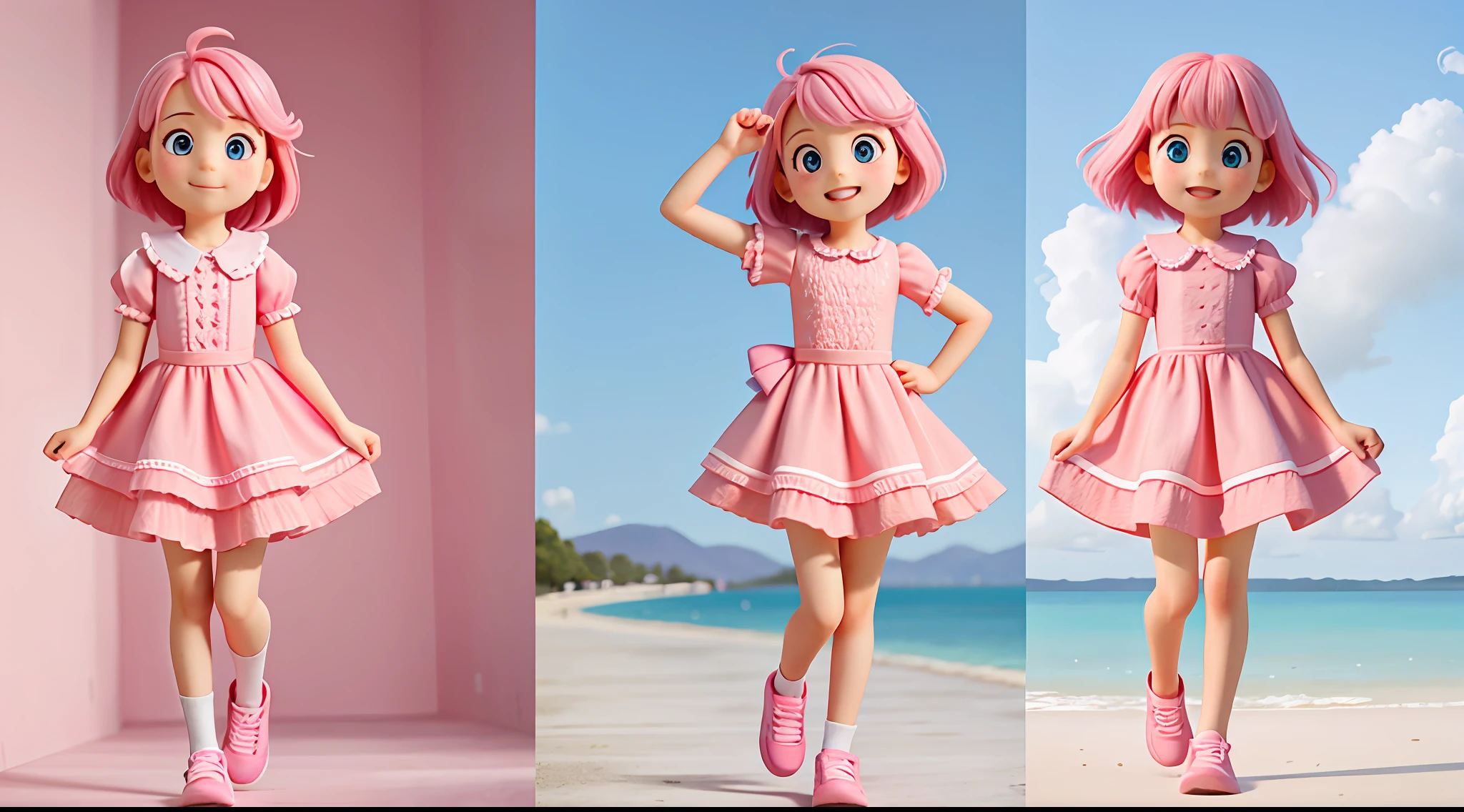 enerate three views, firstly the front view, secondly the left view, thirdly the back view, full body, 6year old girl, A pink-haired,Pink dress, Pink clothes, running