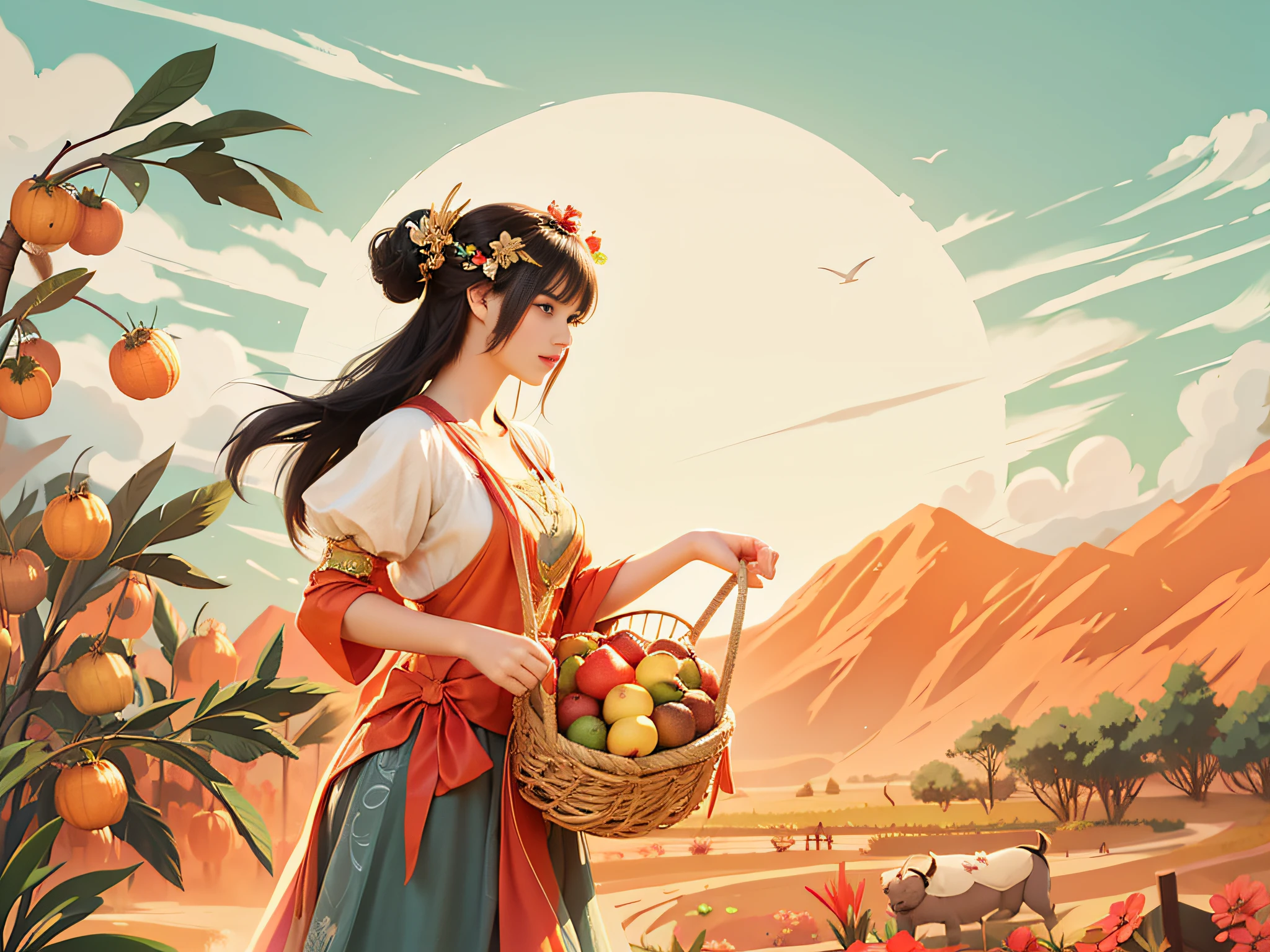 There was a woman in the field holding a basket of fruit,In the background is a terraced valley with a beautiful artwork illustration, the goddess of autumn harvest, Beautiful digital illustration, stunning digital illustration, Guviz-style artwork, in style of digital illustration, by Yang J, concept art digital illustration, Beautiful digital artwork, jen bartel, inspired by Jin Nong, Detailed 2D illustration