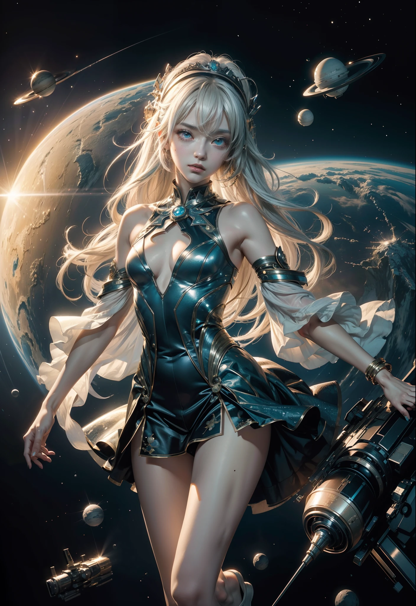Shibuya、Hatsunemiku、(ultra realisic), (Space illustrations), (high resolucion), (8K), (highly detaild), (the best illustration), (Beautiful detailed eyes), (Best quality at best), (A highly detailed), (Masterpiece), (Space Wallpapers), (Detailed face), Solo、, 1 rapariga, Disheveled aristocratic space costume、White hair, Iris bichromatic eyes, small mole under eyes, Medium chest, Long leg、Amazing composition、Foot headbands、Beautiful and delicate legs
