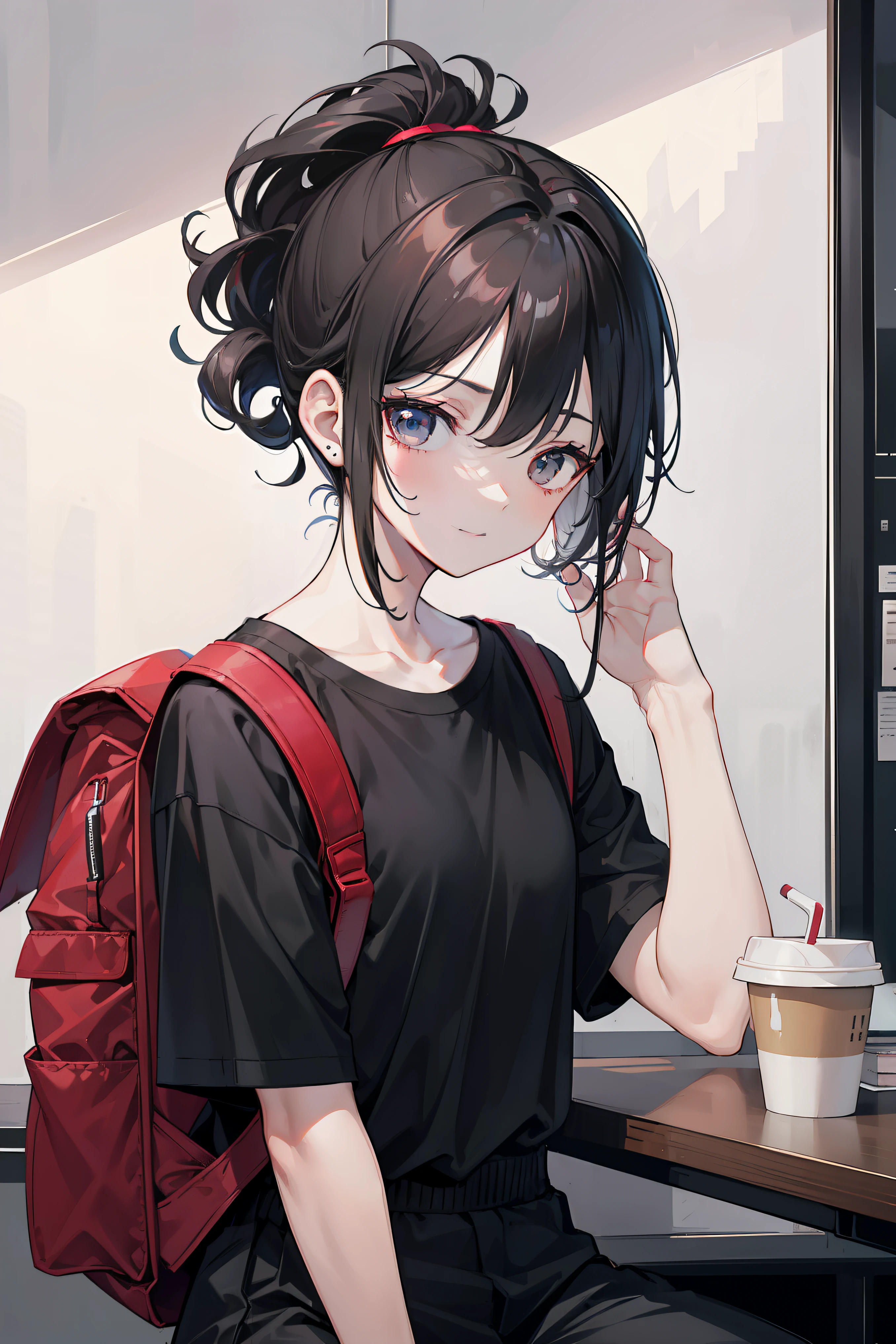 a pregirl, Handsome, Wearing a black shirt, Loose shirt, Carrying a black backpack, Red and black headphones, Black hair, Curly hair, Short hair, Short ponytail hair, headset on head, full bodyesbian,sitting on seat,,in a coffee shop,cheerfulness, Thinking, Masterpiece, Best quality, Award-Awarded, A high resolution
