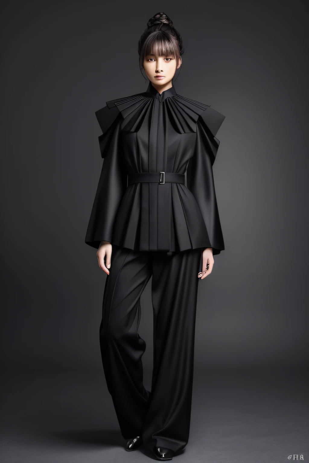 ((top-quality、8K、​masterpiece:1.3)),Super Detail Face、full-body composition: fashion modell、Black clothe, Origami design, oversized sleeves, Pantsuit, Complexity, Sculpture style, Mode Casual