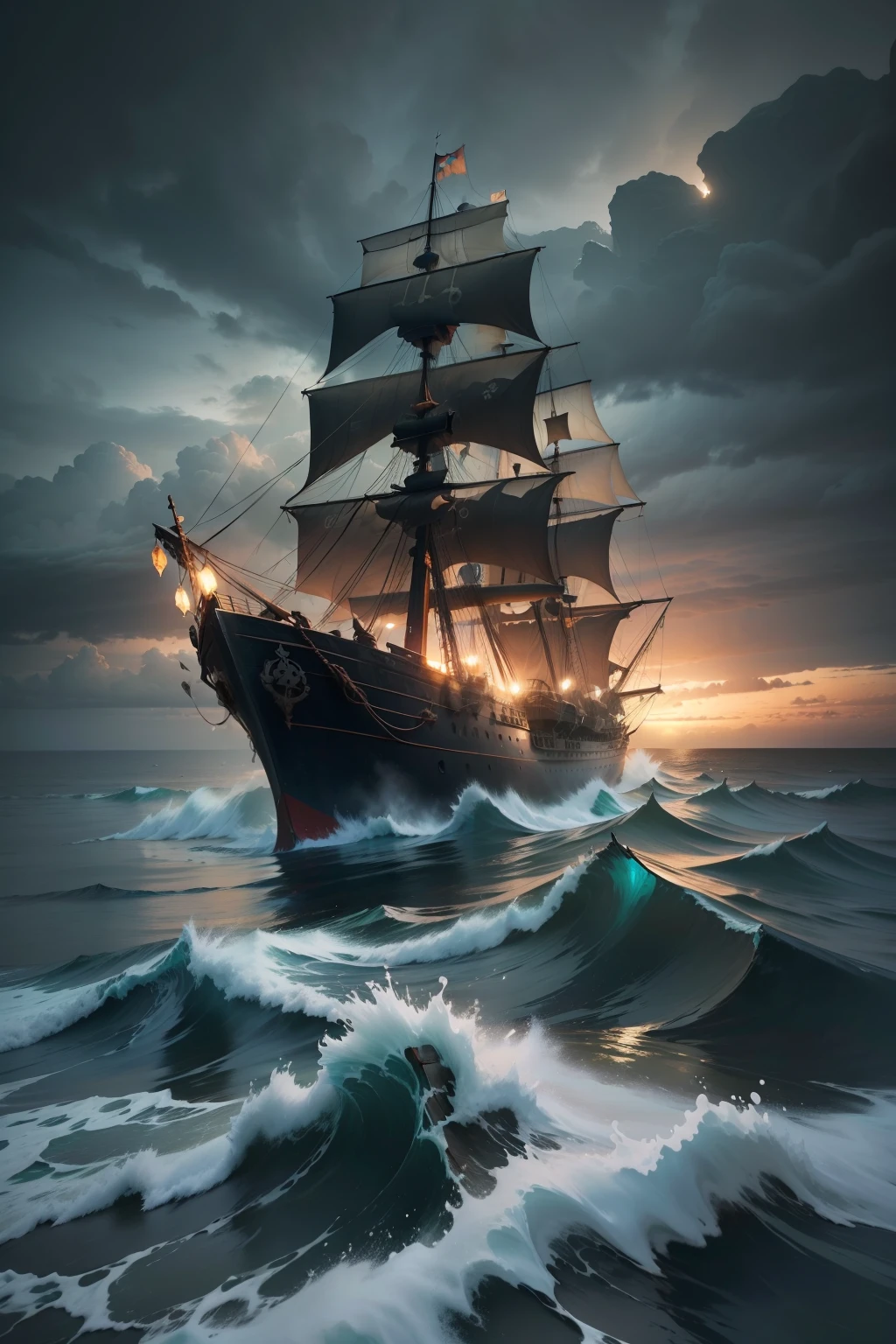 A damaged pirate ship,In landscape photography shots,Shot with a Sony Alpha camera,The ship stands in the middle of the vast sea,swell sea,Dark and cloudy weather,an island in the background,standing as a backdrop,4K quality photos,A high resolution,Highly saturated colors。