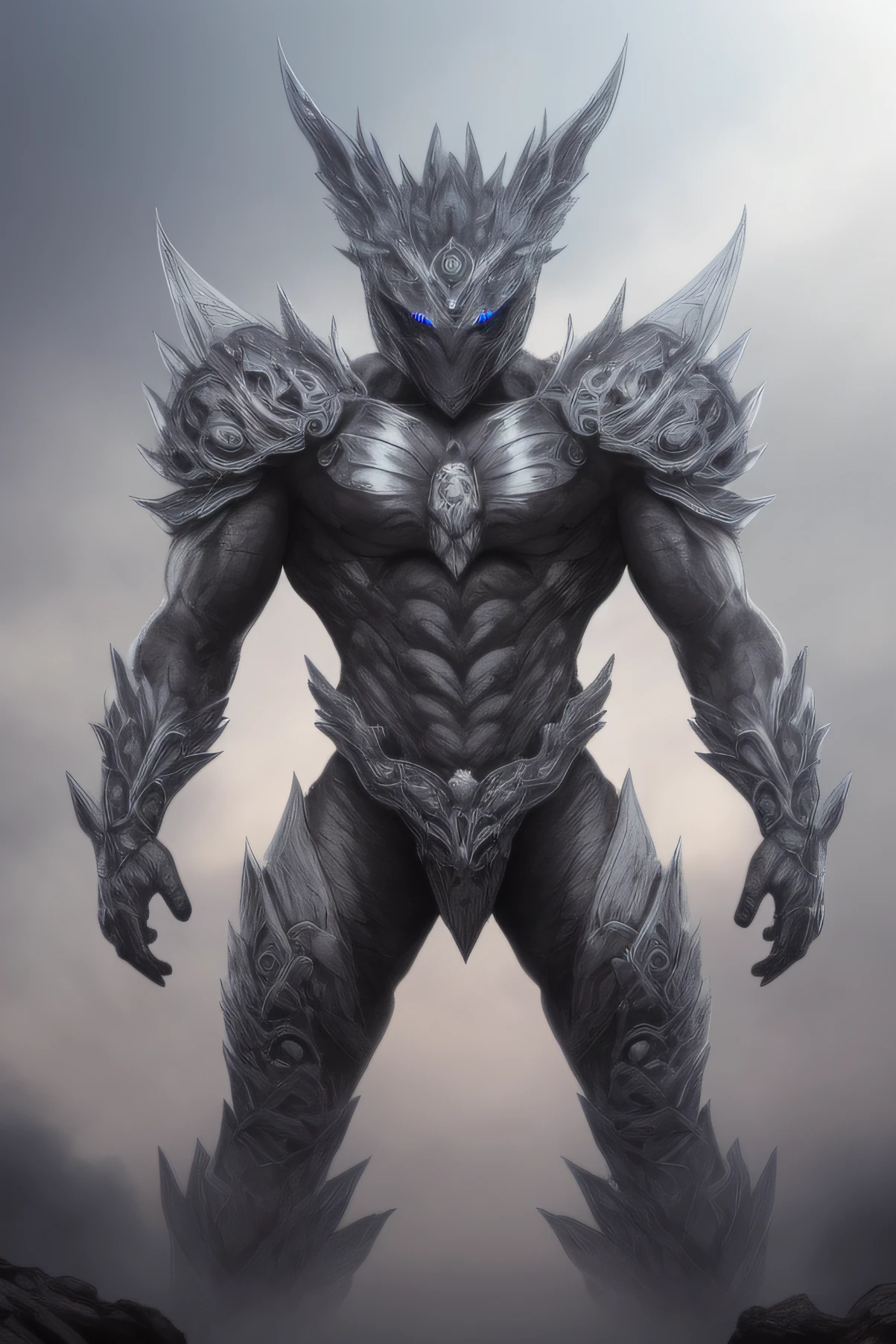 (extremamente detalhado e realista), humanoid dragon, escamas prateadas, poderoso, olhos azuis brilhantes, porte musculoso