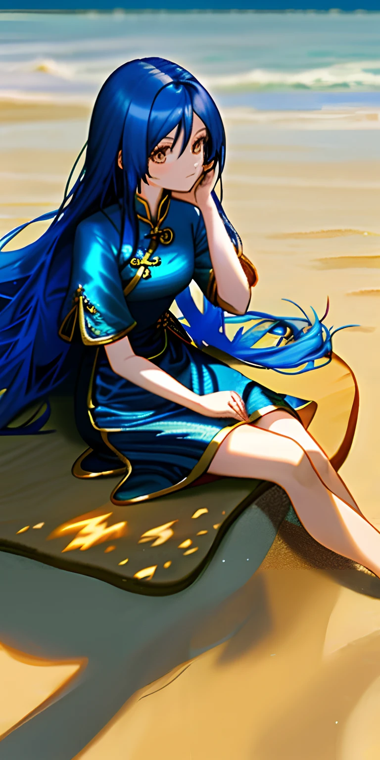 （tmasterpiece，best qualtiy），1 long blue haired girl sitting on golden sand，her hand under her chin，warmly lit，Blue cheongsam，Blurred foreground