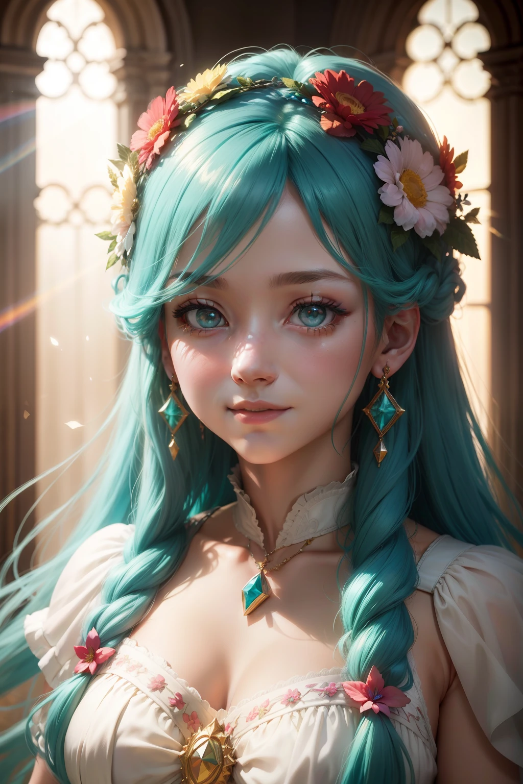 multicolored hair, head wreath, hair flower, hair ornament, aqua eyes, crystal earrings, light smile, nosebleed, Romanticism, Luminism, Neoclassicism, god rays, glowing light, cinematic lighting, character chart, pov, macro photo, Sony FE GM, high details