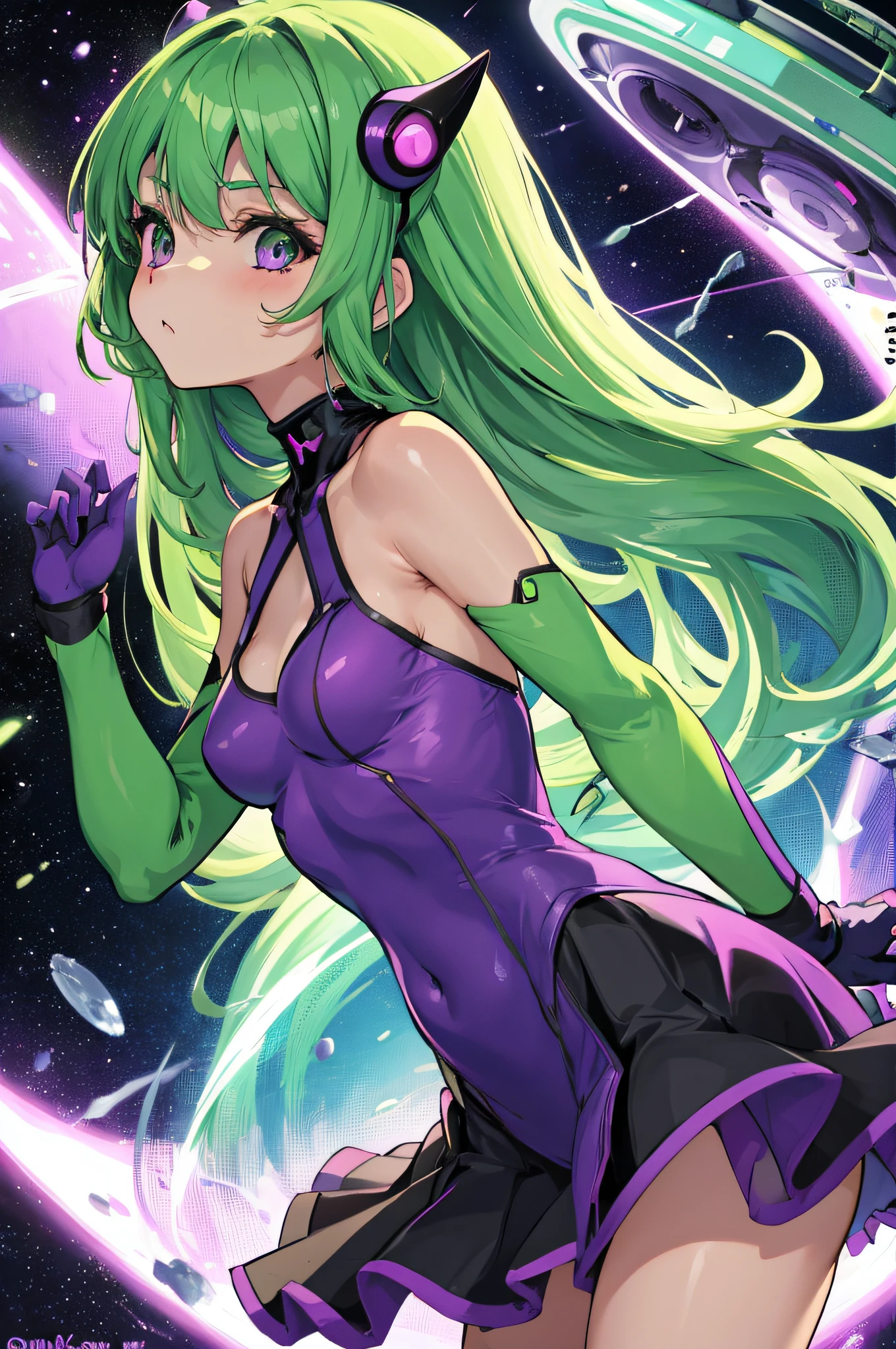 green and purple color pallete, 1girl, cute, solo, alien girl, lovely medium breasts, space backround