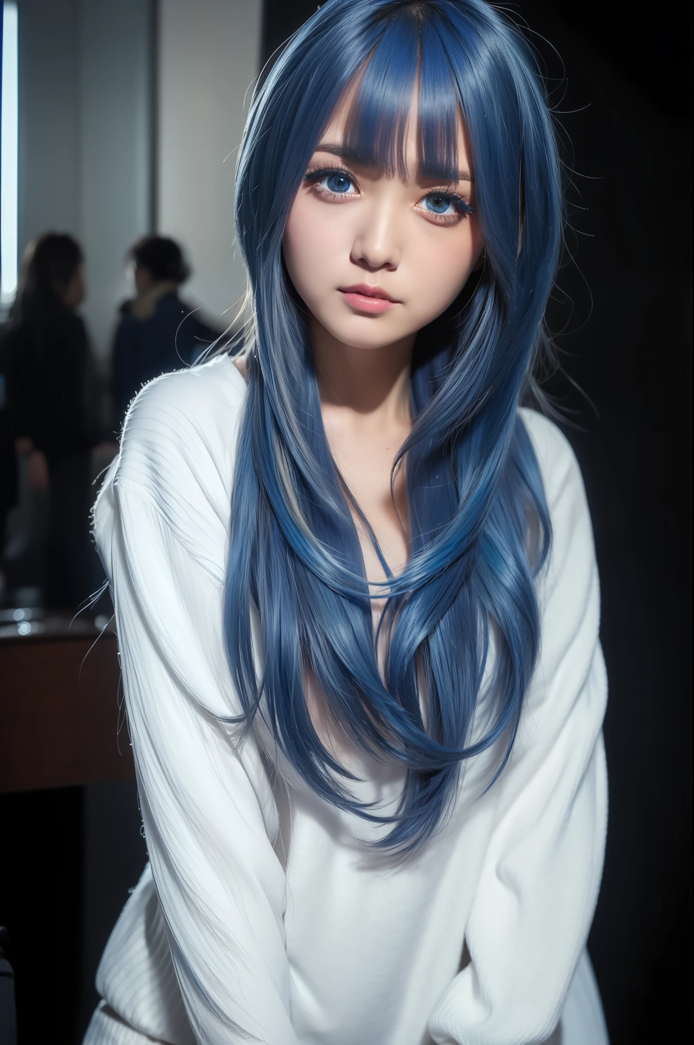 Random posture、mix4、(in 8K、RAW Photos、top-quality、​masterpiece:1.2)、Inner mesh, blue hairs, , Japan band gal style, beautiful blue haired girl, flowing blue hair, rich blue colors, Sing hard、（Background Live House）One girl、profetional lighting、（​masterpiece）、（Elaborate CG）top quality photo, hight resolution, 1080p, (Clear face), (Detailed face description), (Detailed hand description）、（​masterpiece）、（Elaborate CG）、extreme light and shadows、dishevled hair、The work of the master、abundant detail、（Fine facial features）、（top quality photo）、（​masterpiece）、（A detailed eye）、Look in front of you、from behind,（Bright studio on background）