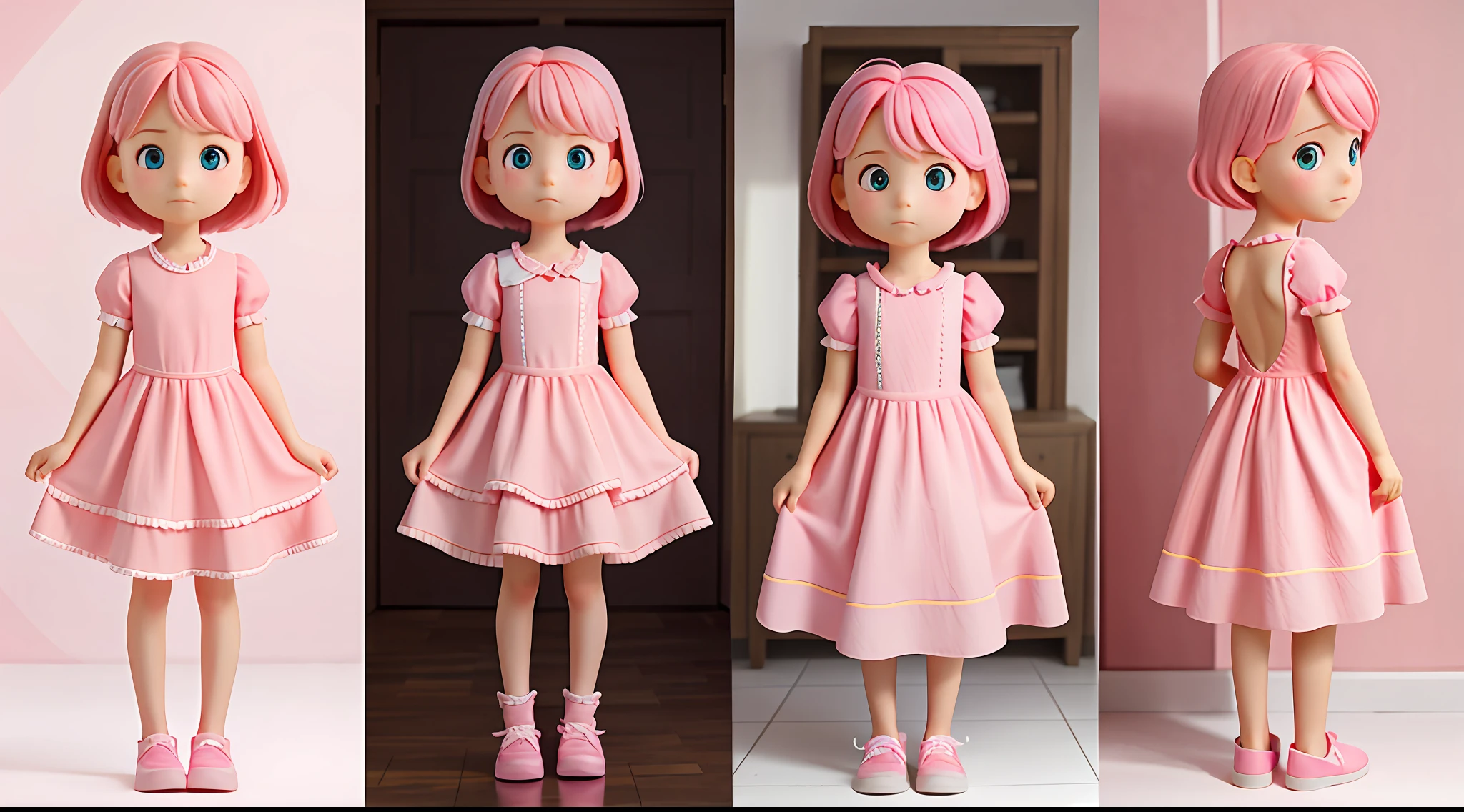 enerate three views, firstly the front view, secondly the left view, thirdly the back view, full body, 6year old girl, A pink-haired，Pink dress, Pink clothes, unhappy