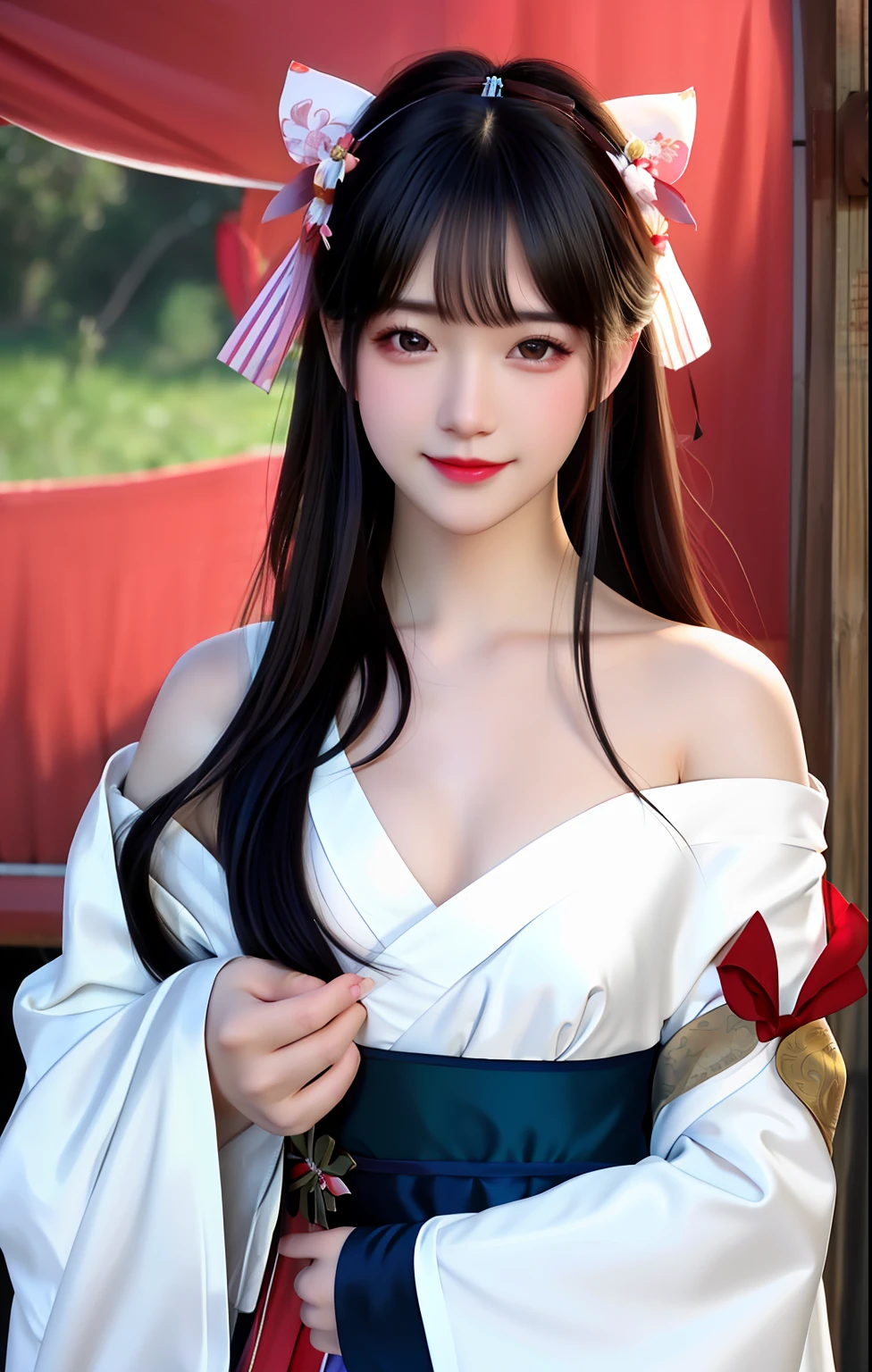 masterpiece,best quality,upper body,1girl,(beautiful face), realistic,long hair, blackhair,(hair bow),(small breasts),(off shoulder),(breast out),(nipple flick),hanfu,looking at viewer, , hanfu,facing viewer,light smile,