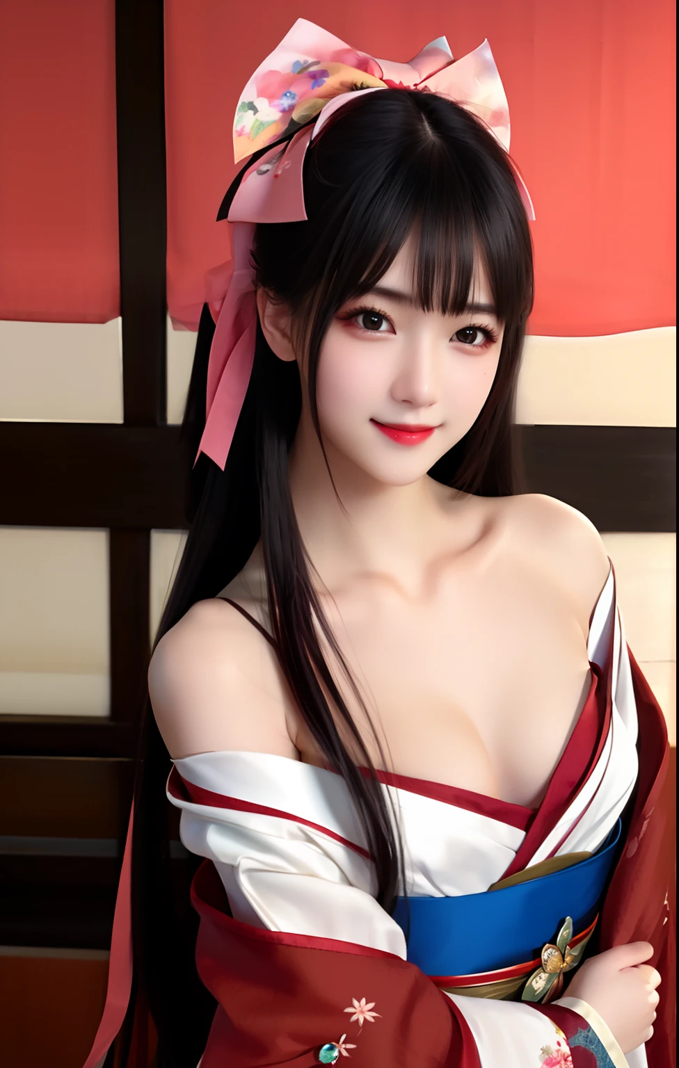 masterpiece,best quality,upper body,1girl,(beautiful face), realistic,long hair, blackhair,(hair bow),(small breasts),(off shoulder),(breast out),(nipple flick),hanfu,looking at viewer, , hanfu,facing viewer,light smile,