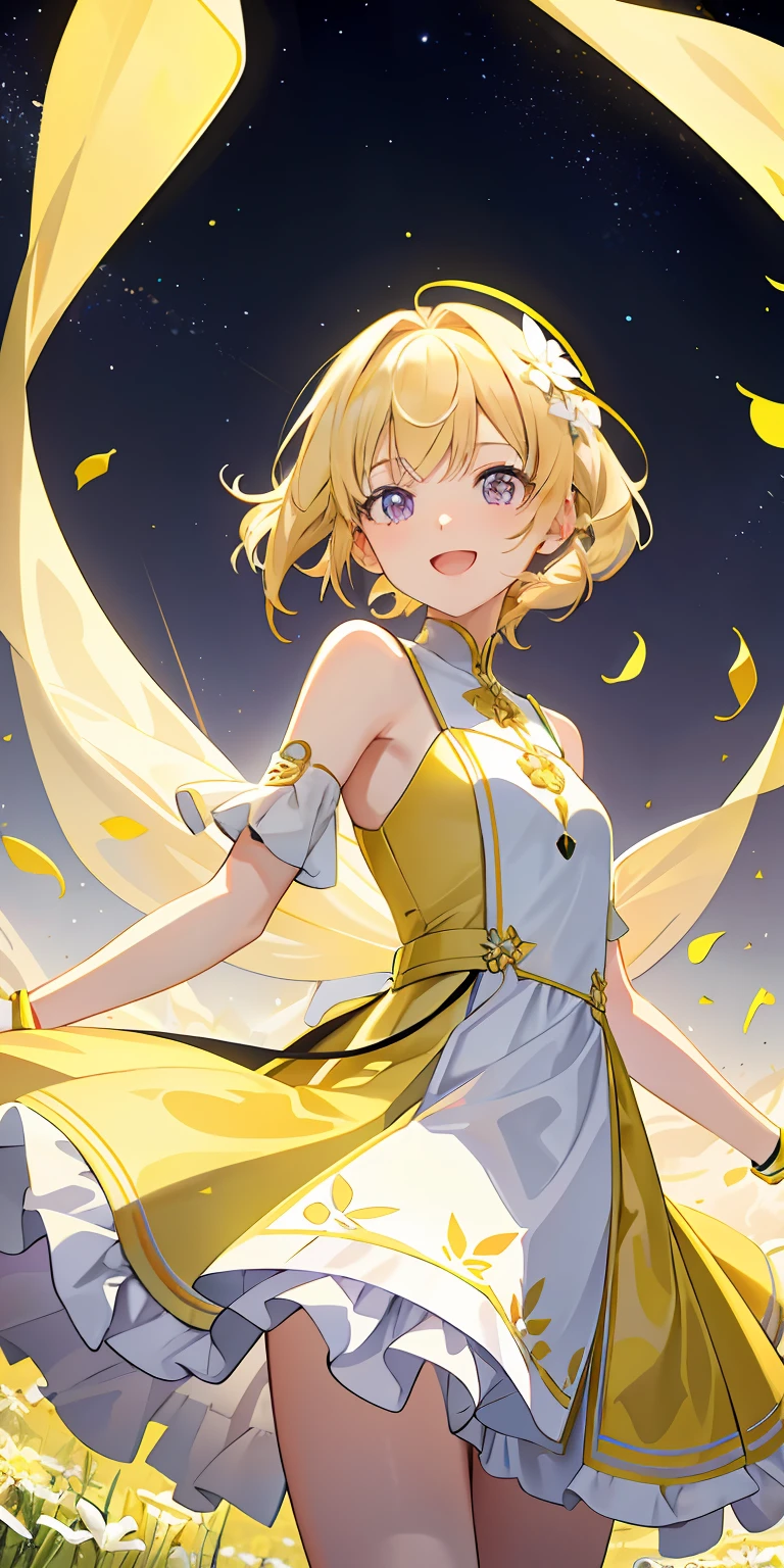 1girll,Light yellow gradient shoulder-length hairstyle,Light purple eyes,Yellow and white delicate dress,Lively and cheerful expression,A slight laugh,Meadow at night,starrysky,tmasterpiece