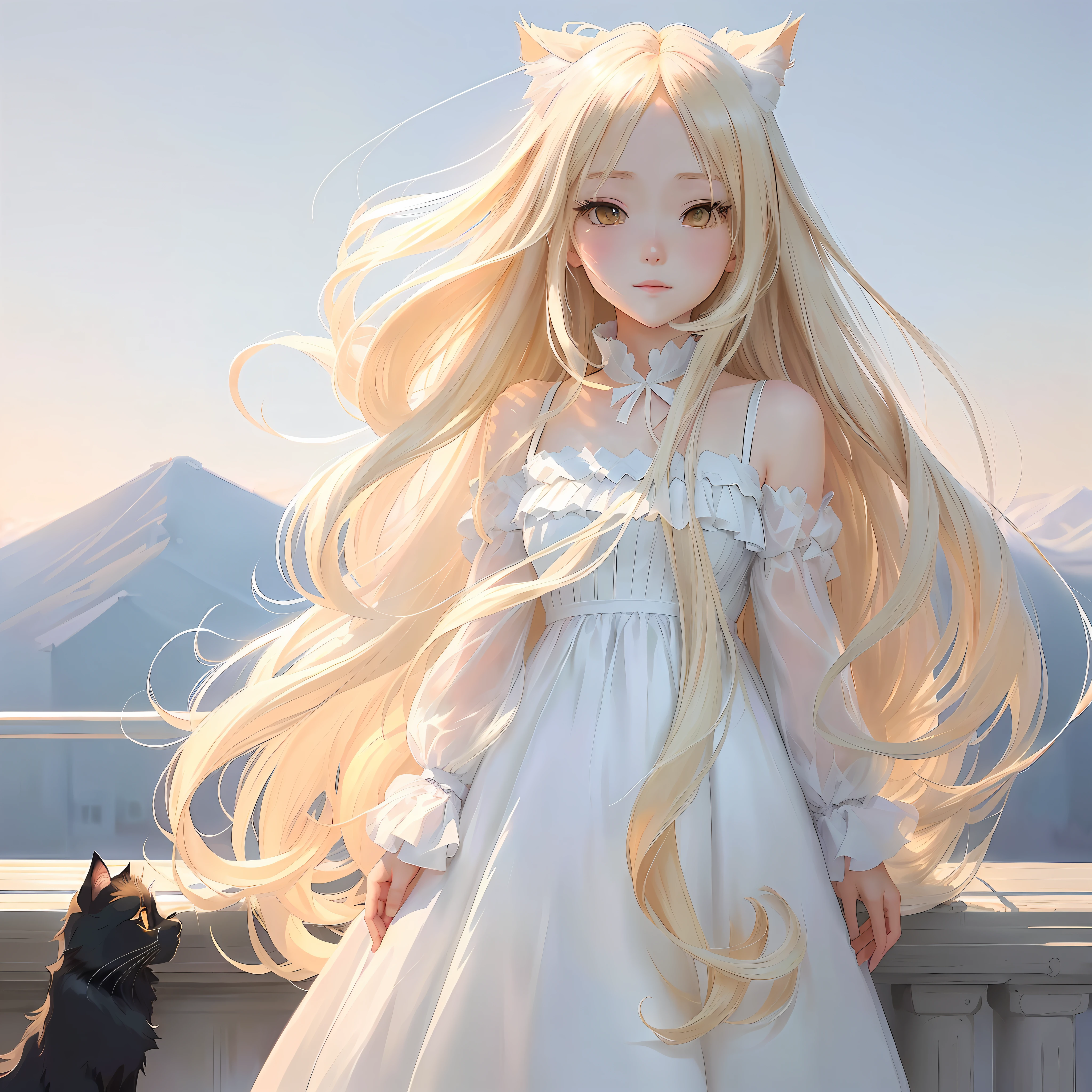 Anime girl with long blonde hair and white dress looking at black cat, anime visual of a cute girl, Blonde anime girl with long hair, beautiful anime catgirl, beautiful anime art style, Soft anime illustration, a beautiful anime portrait, Beautiful anime, cute anime catgirl, (Anime girl), in dress, lofi-girl, Anime girl with long hair