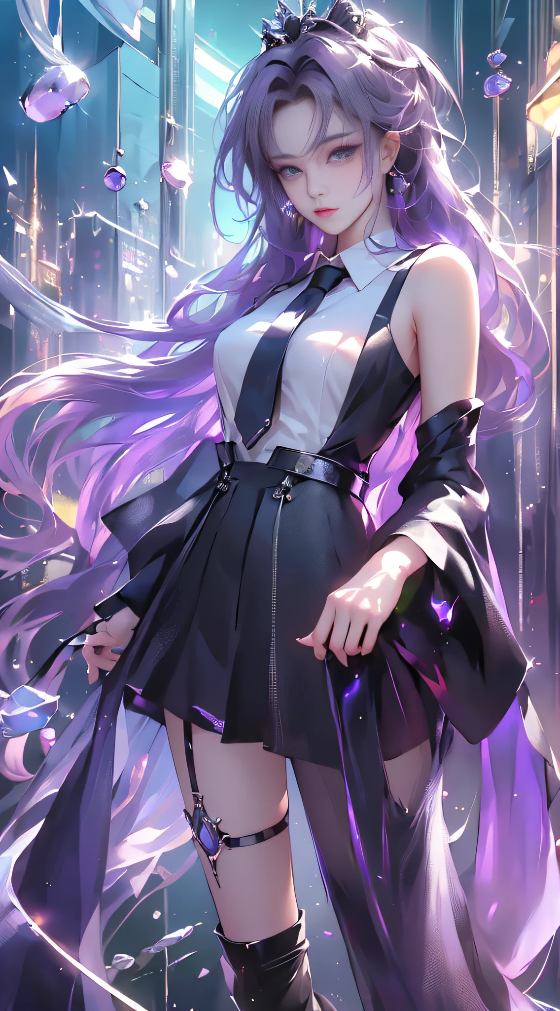 (full body:1.2),(detailed face and eyes:1.3),Classic headshot pose:1.2
torchan,1girl,solo,long hair,purple hair,green eyes,sunglasses,mini crown,shirt,long sleeves,necktie,ahoge,suspenders,suspender skirt,single thigh strap,holster,kneehighs,
Ultra-detail,(highres:1.1),best quality,(masterpiece:1.3),cinematic lighting,