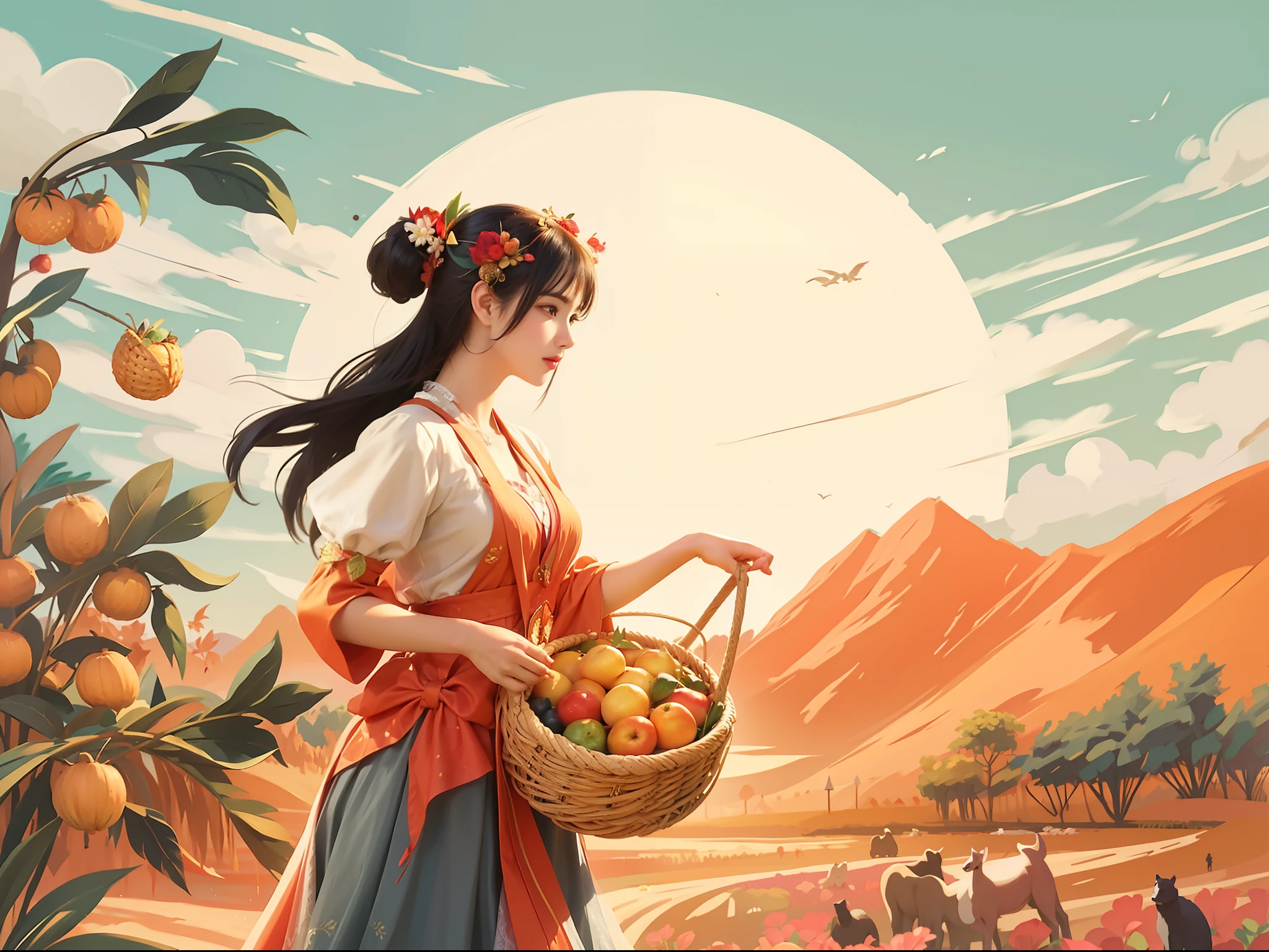 There was a woman in the field holding a basket of fruit, A beautiful artwork illustration, the goddess of autumn harvest, Beautiful digital illustration, stunning digital illustration, Guviz-style artwork, in style of digital illustration, by Yang J, concept art digital illustration, Beautiful digital artwork, jen bartel, inspired by Jin Nong, Detailed 2D illustration