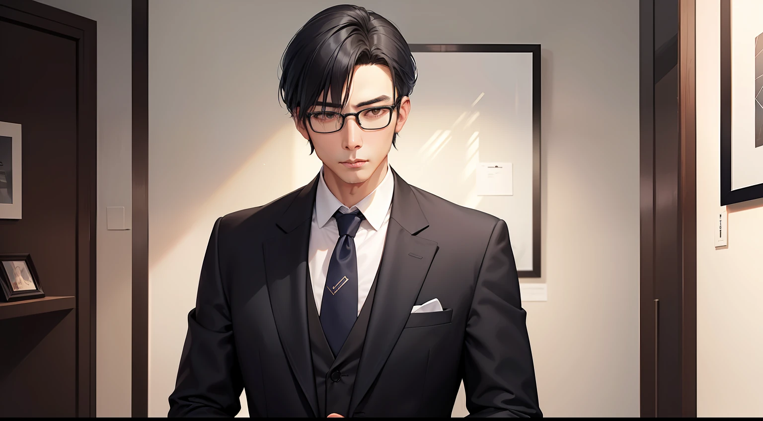 Black hair mixed with gray hair40Handsome Asian Man of the Ages, wearing dark blue suit, wears glasses、Stand in a small art gallery, Exudes a mysterious aura."