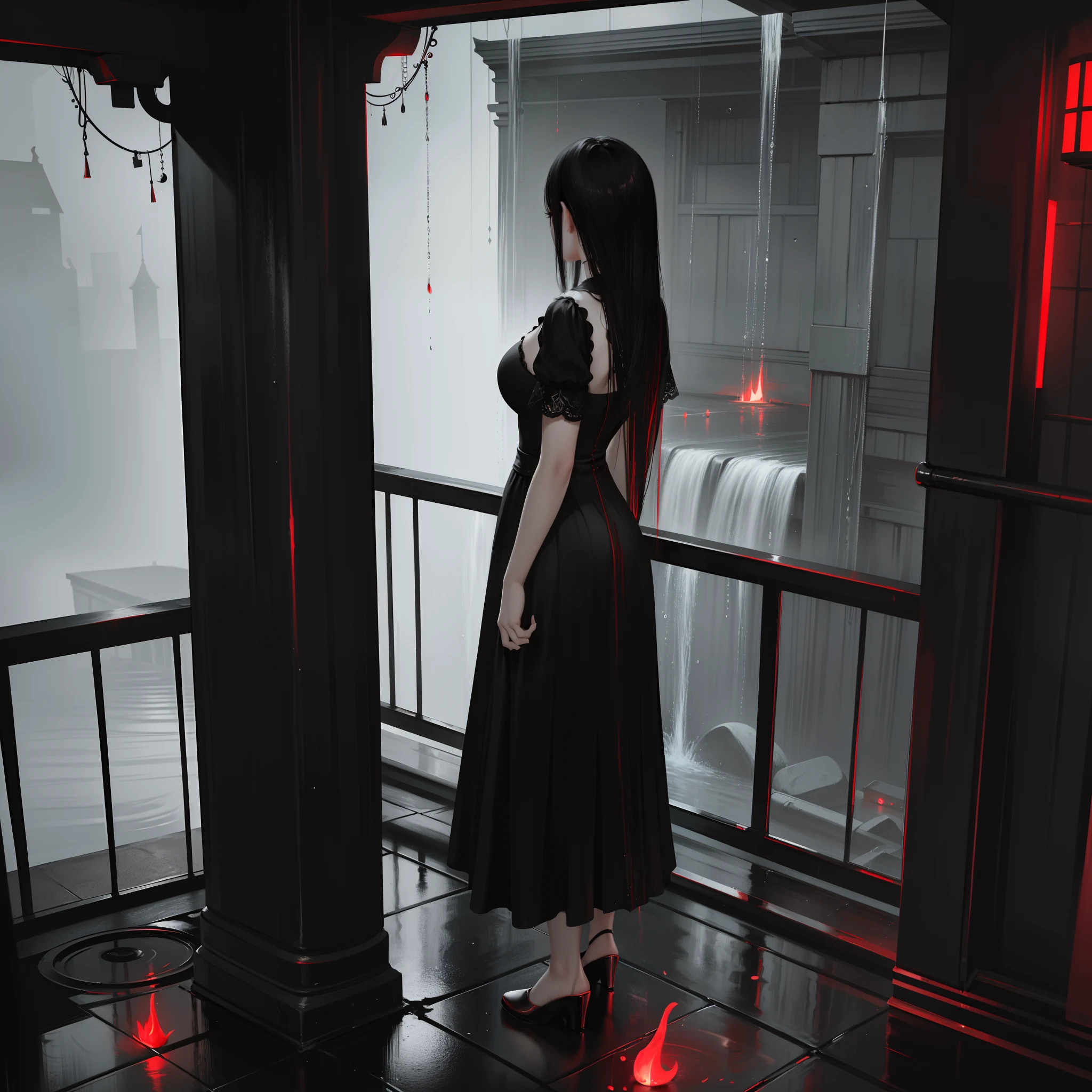 (absurdres, highres, ultra detailed),(Masterpiece, best quality:1.2),1girl,black and red dress,standing in a house,near the water fall,girl facing away from the viewer, raining outside, extremely detailed, absolutely stunning art, wallpaper 8k, octane render,close up shot