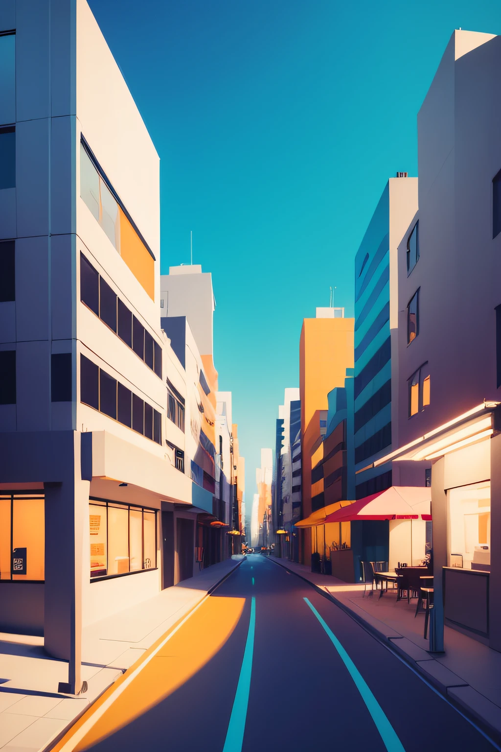 Draw a cityscape inspired by Julian Opie with simple lines and bright block colors.