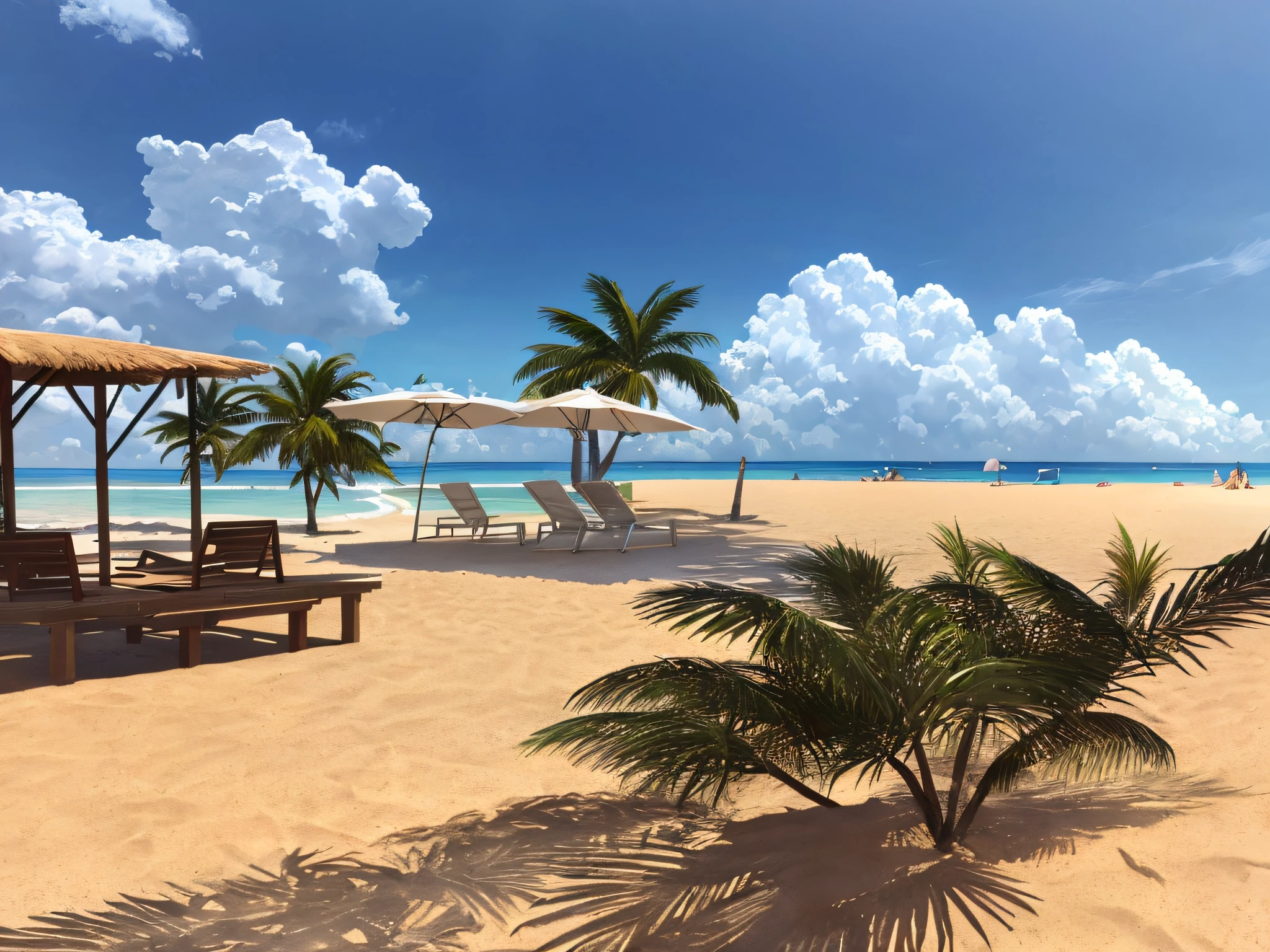 There is a sandy beach with palm trees and a gazebo, dans un environnement en bord de mer, Plage au premier plan, cadre de plage, Range adjustment Medium plane, Beach and tropical vegetation, Emplacement tropical, Paysage de plage, Plage de sable, Beach trees in the background, sur une plage tropicale, La plage perdue, by Ceferí Olivé, paradise in the background