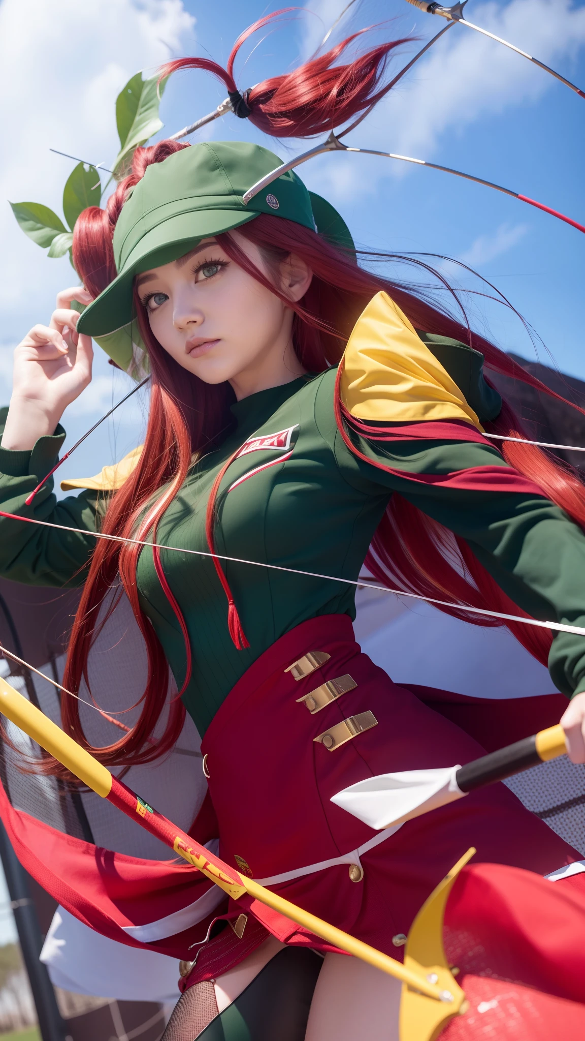 1 girl, long hair, red hair, archery girl, green archery wear, captain cap, ultra details, ultra high res, 8k,