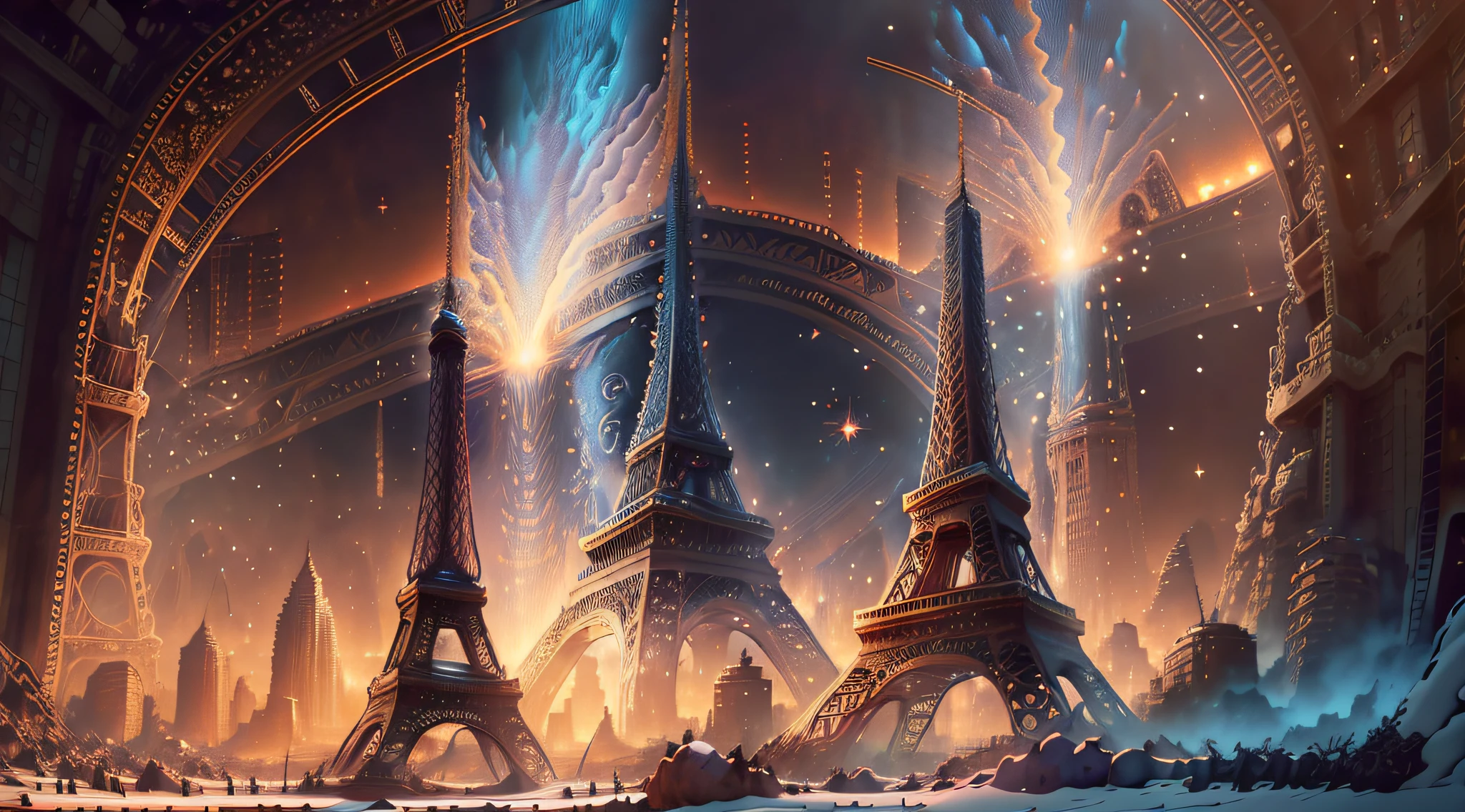 antasy00d, (arte de John French Sloan:0.7), (arte de Frank Cho:0.7), (arte de Charles Ginner:0.8), Color splash, ground-level shot of a Shabby Welding machine, dentro de uma Torre Eiffel de 1920, Stars in the sky, FOV 90 graus, Anime screencap, Surpreendente, luz minguante,