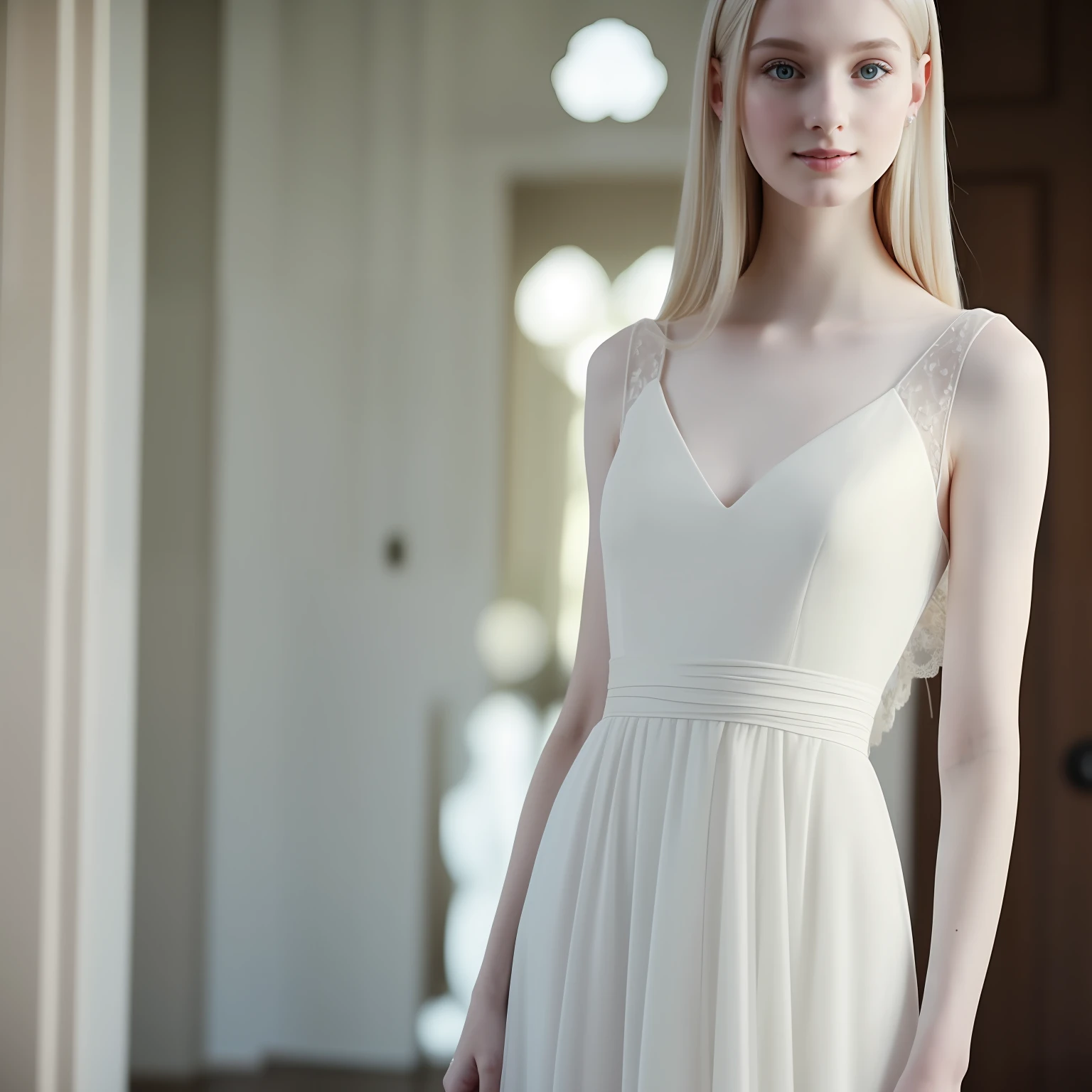 A close up of a beautiful girl, pale skin, perfect body, full body, standing in ethereal dress