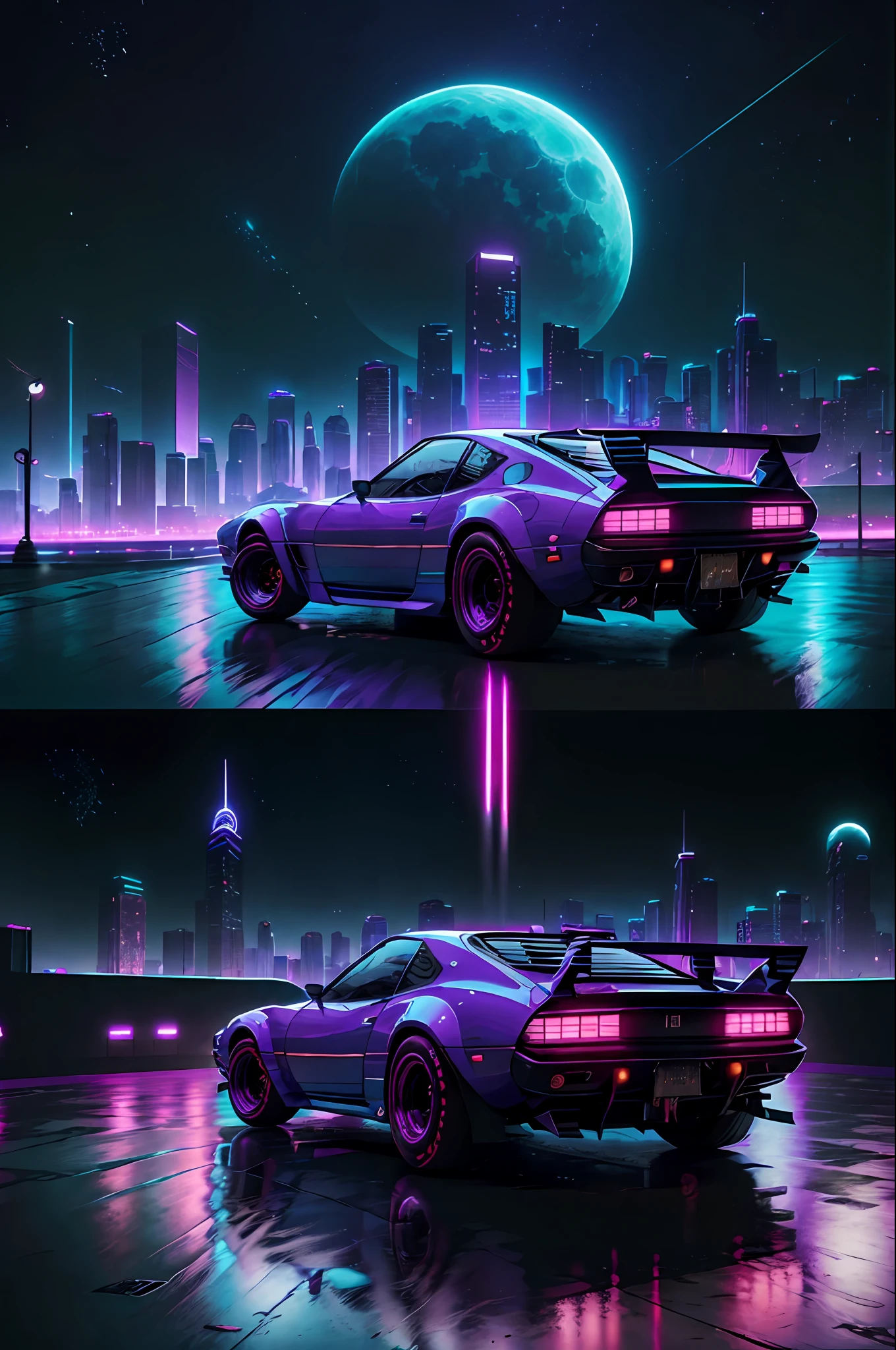 retrowave。城市、1969 Nissan S30、Wide Body Kit、Wagas、purple neon、suns、mont、cyberpunkcity、Photorealsitic。3D Art、fullmoon、Dystopia、　matrix、dream
(​masterpiece、detaileds、hight resolution)、