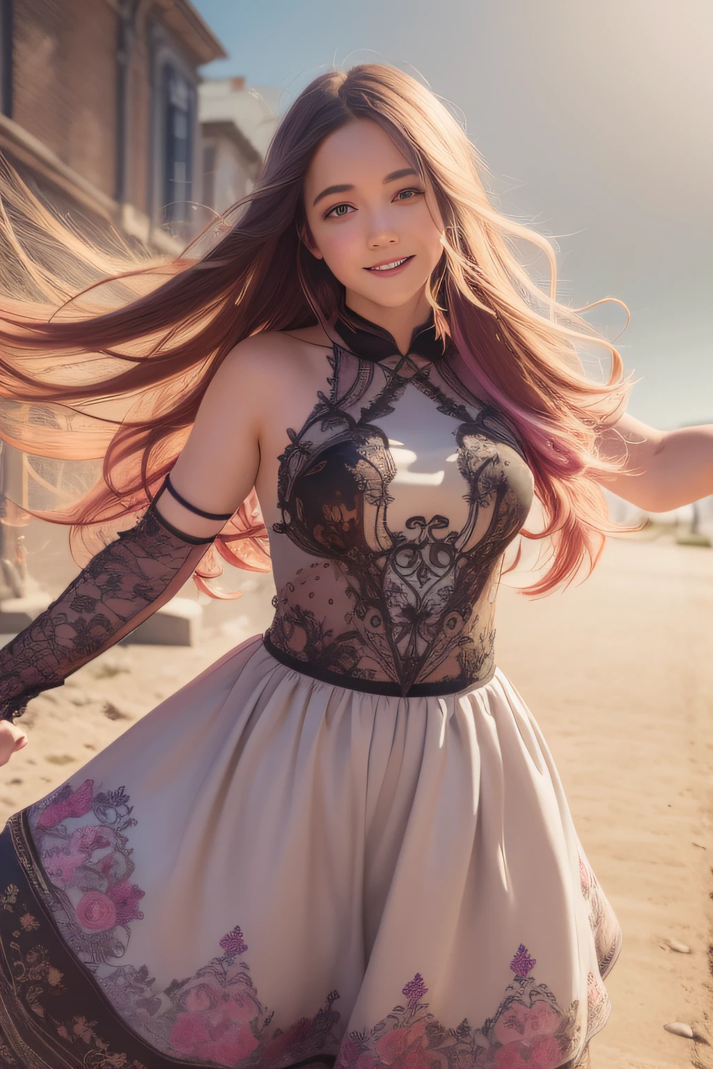 (agnes cecile:1.1), 5 colors、（reddish、Viola、pink there、amarelo、verdant）、spirals,fantasy creature, Intricate details, illustratio, Painting,Loose fluffy、long curl silver hair,Beauty with chubby body、Black Dress、Dutch Angle,Good anatomy),Dynamic Pose, actionpose, open pose, Dynamic Angle,(Evere_Smile:1.2), Detailed layered skirt、Art Nouveau fashion embroidery、intricate detailes、Mesh Wire、barroco、Pastel colors,opulent、
