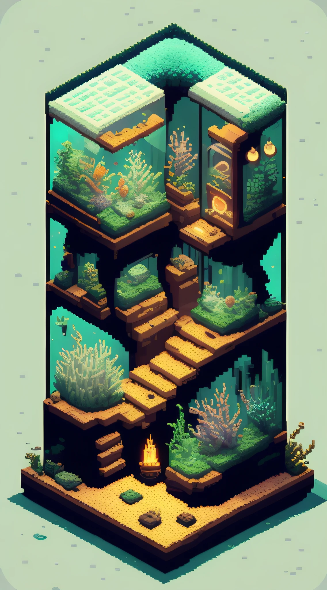 François Harald（François Harald）retro-futurism，aquariums，ocean water，seaweed，The fish，lamplight，warm，Adopt the style of isometric pixel art and pixel room generator