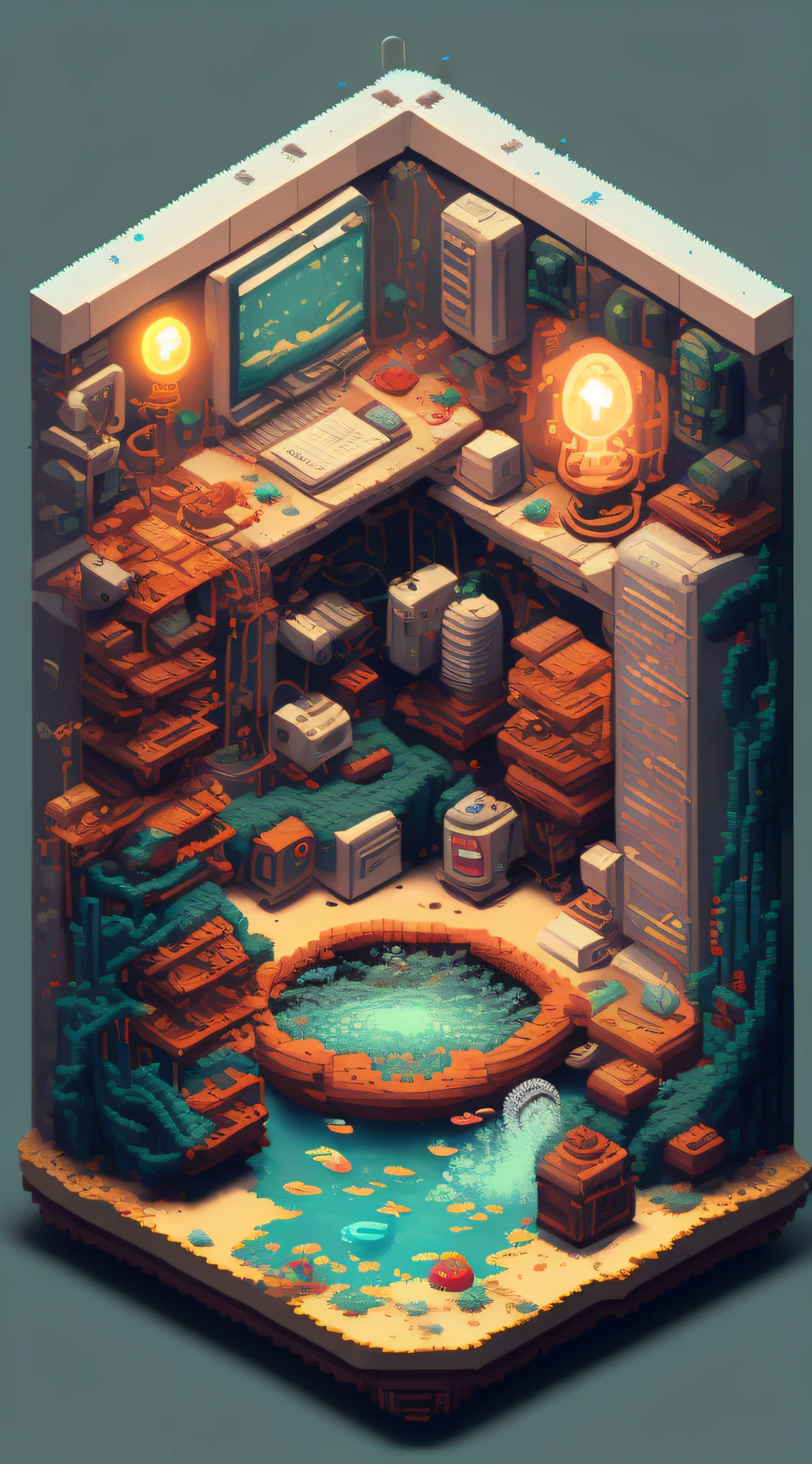 François Harald（François Harald）retro-futurism，the ocean，ocean floor，relic，seaweed，The fish，jelly fish，lamplight，warm，Adopt the style of isometric pixel art and pixel room generator