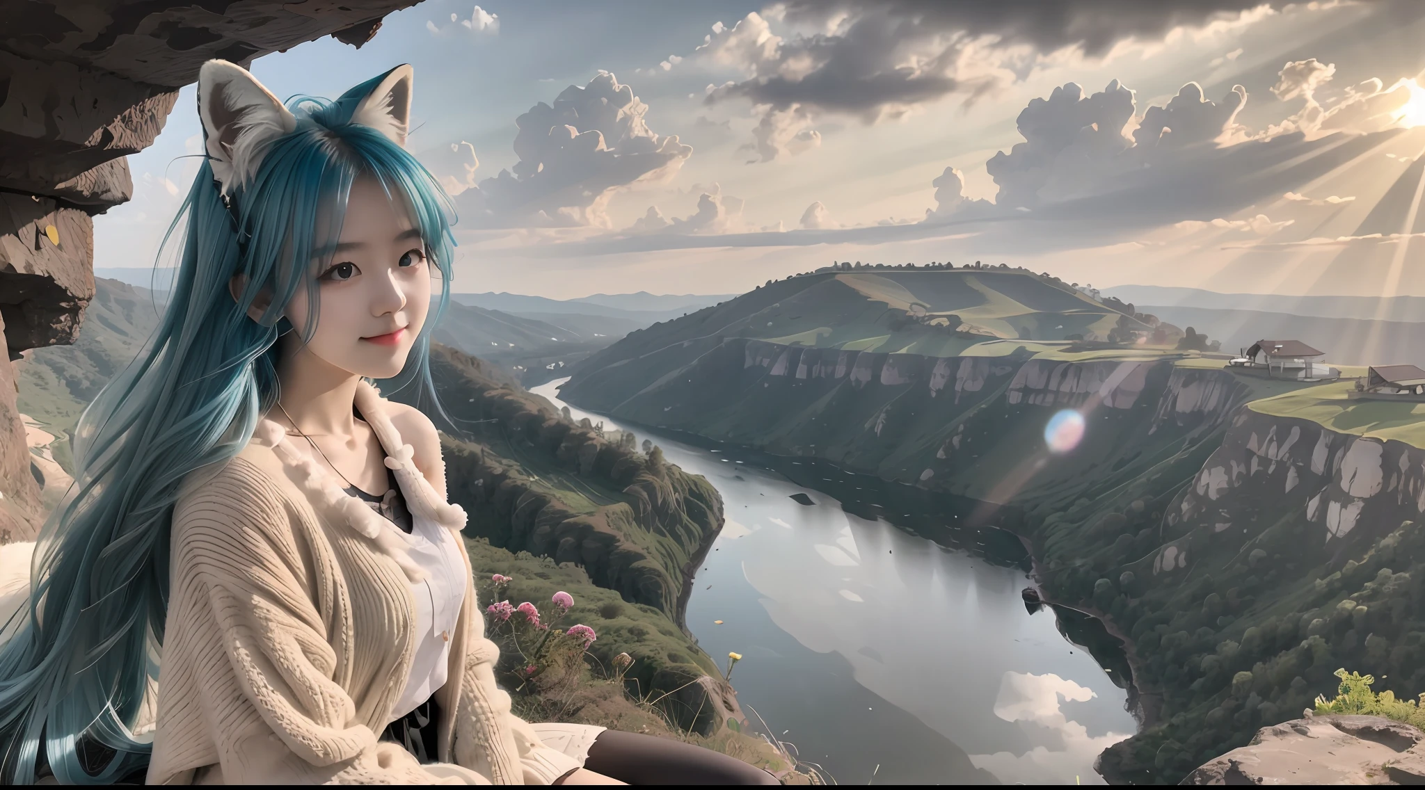 hilltop，Soft lighting，A ray of light in the morning sun，Clouds filled the distance，Beautiful and peaceful nature view，teens girl，blue  hair，Sit on the edge of a cliff，A fluffy colored fox tail