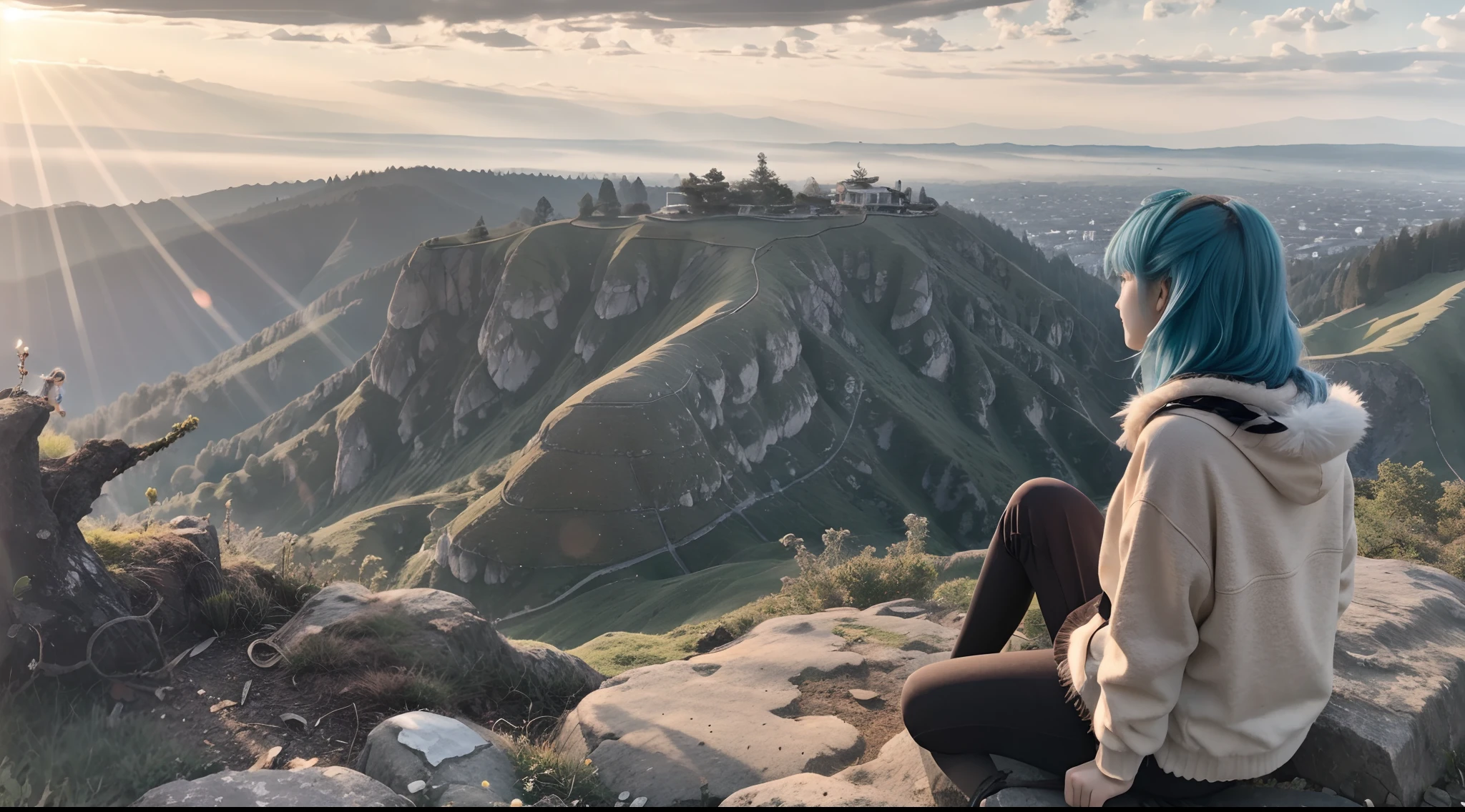 hilltop，Soft lighting，A ray of light in the morning sun，Clouds filled the distance，Beautiful and peaceful nature view，teens girl，blue  hair，Sit on the edge of a cliff，A fluffy colored fox tail