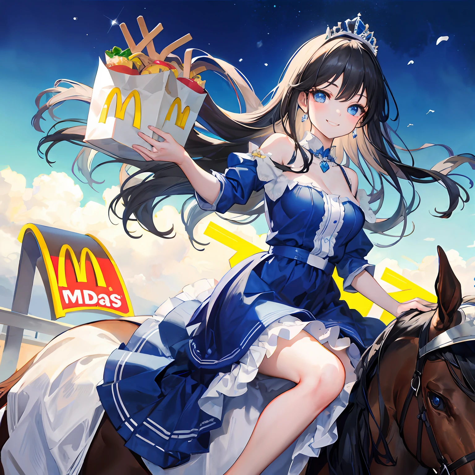 princess,ride a horse,McDonald's,hamburger,smile,tiara,blue eyes,black hair,long hair,blue and white dress