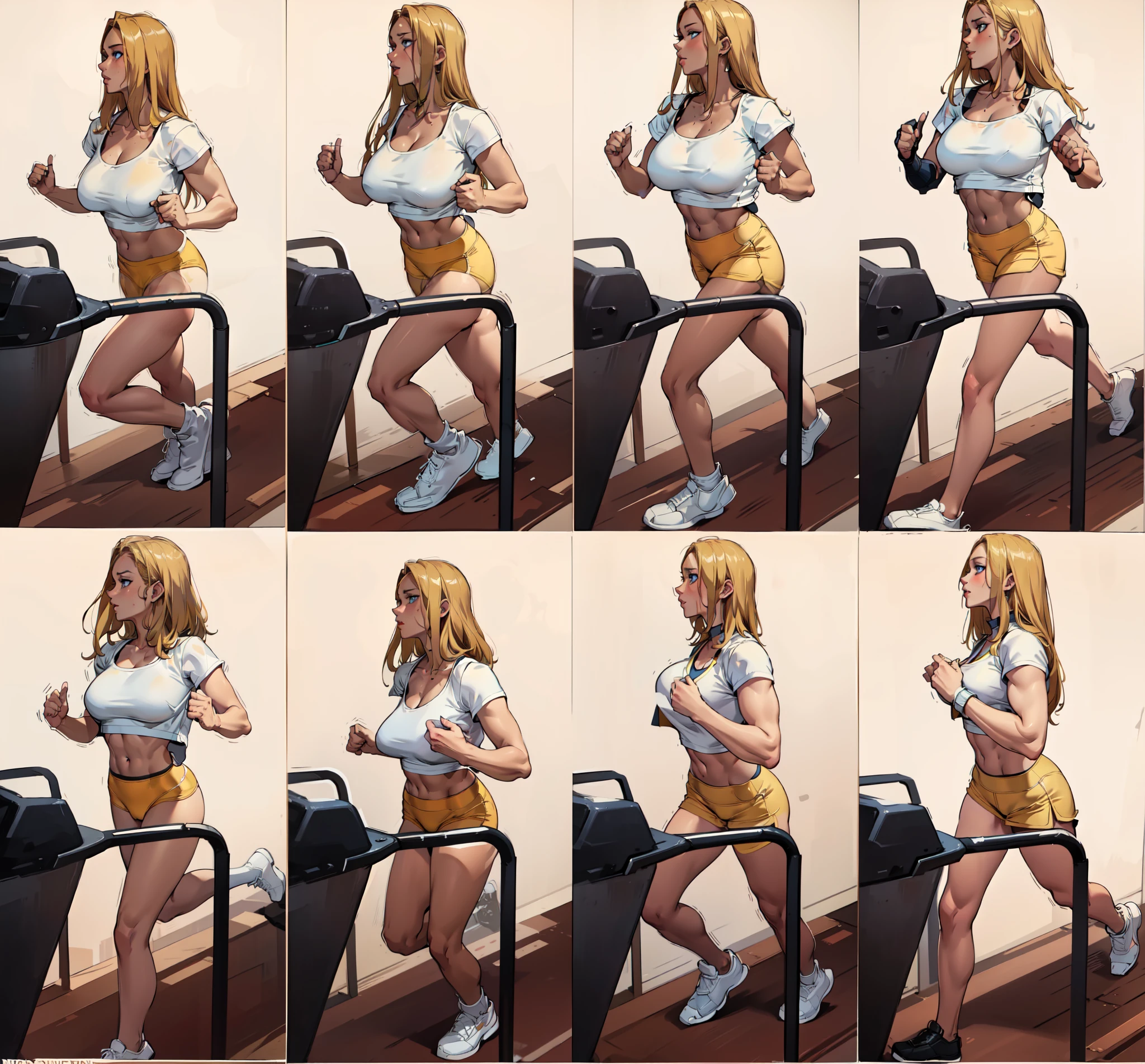 unparalleled masterpiece, ultra realistic 8k CG, perfect artwork, (1girl:1.1) , solo, ((perfect female figure)), (nsfw), looking at viewer, mature female, (teasing), best quality:1.1 , seductive posture, sexy pose, alluring, (beautiful), (curvy), (thick), blonde hair, (blue eyes:1.2), short hair, earrings, jewelry, denim vest, open vest, black pantyhose, black shirt, denim skirt, striped long sleeves, toned legs, fit, (abs:1.1), (big butt:1.4), peach ass, (athletic body:1.2), (large breasts:1.3, (big_breasts:1.1), wide_hips:1.5, narrow waist, small waist:1.5, slender body:1.2, thick thighs:1.3), (shiny skin:1.2), (hdr), (street:1.2), Nikon D850 film stock photograph Kodak Portra 400 camera f1.6 lens, rich colors, lifelike texture, dramatic lighting, unreal engine, trending on ArtStation, by Gerald Brom, by Frank Frazetta, by Luis Royo, by Julie Bell, by Boris Vallejo, arafed image of a woman running on a treadmill, running sequence, working out, accurate walk cycle, running pose, pictures in sequence, side view of her taking steps,